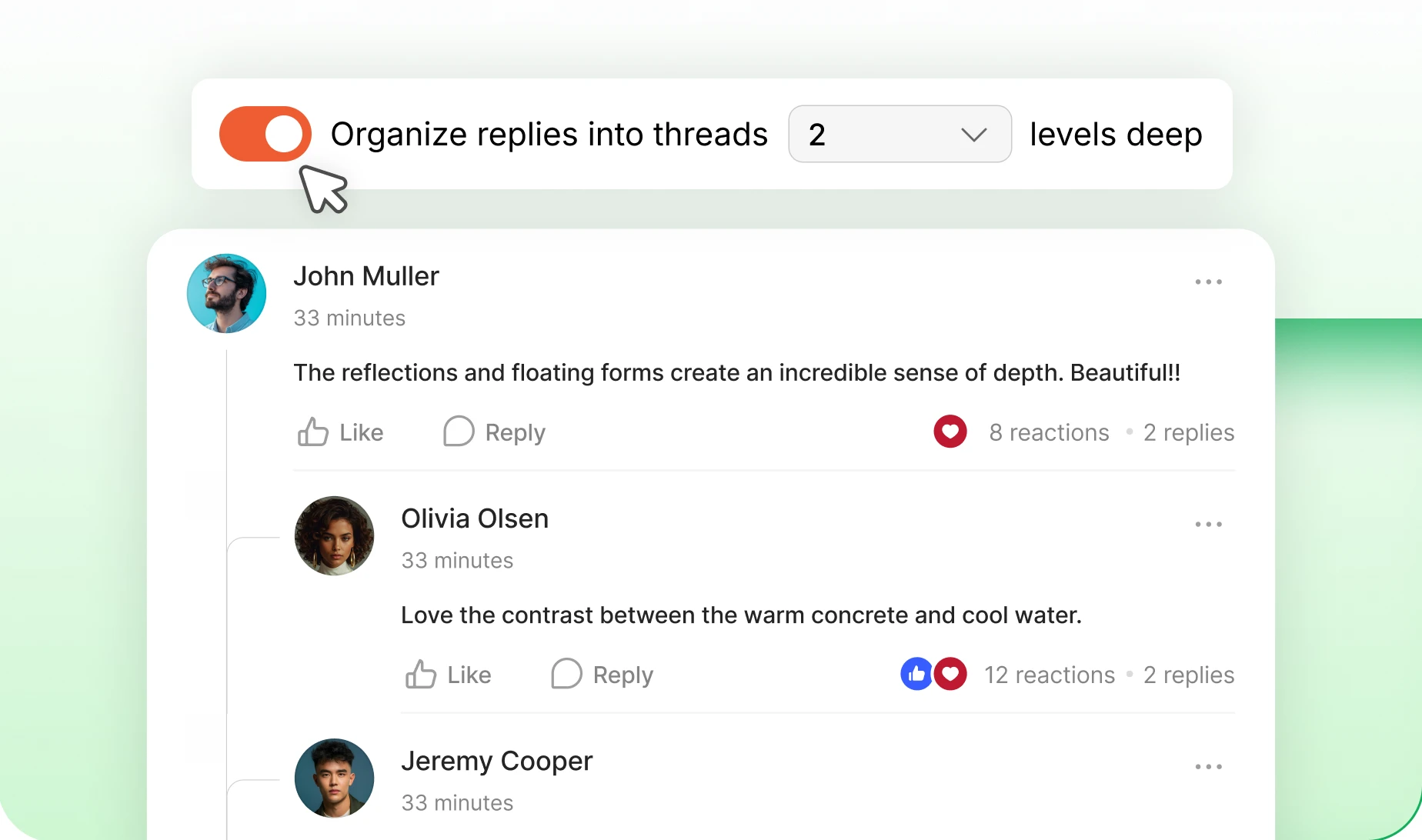 Threaded replies nested under a comment with the threading depth setting
