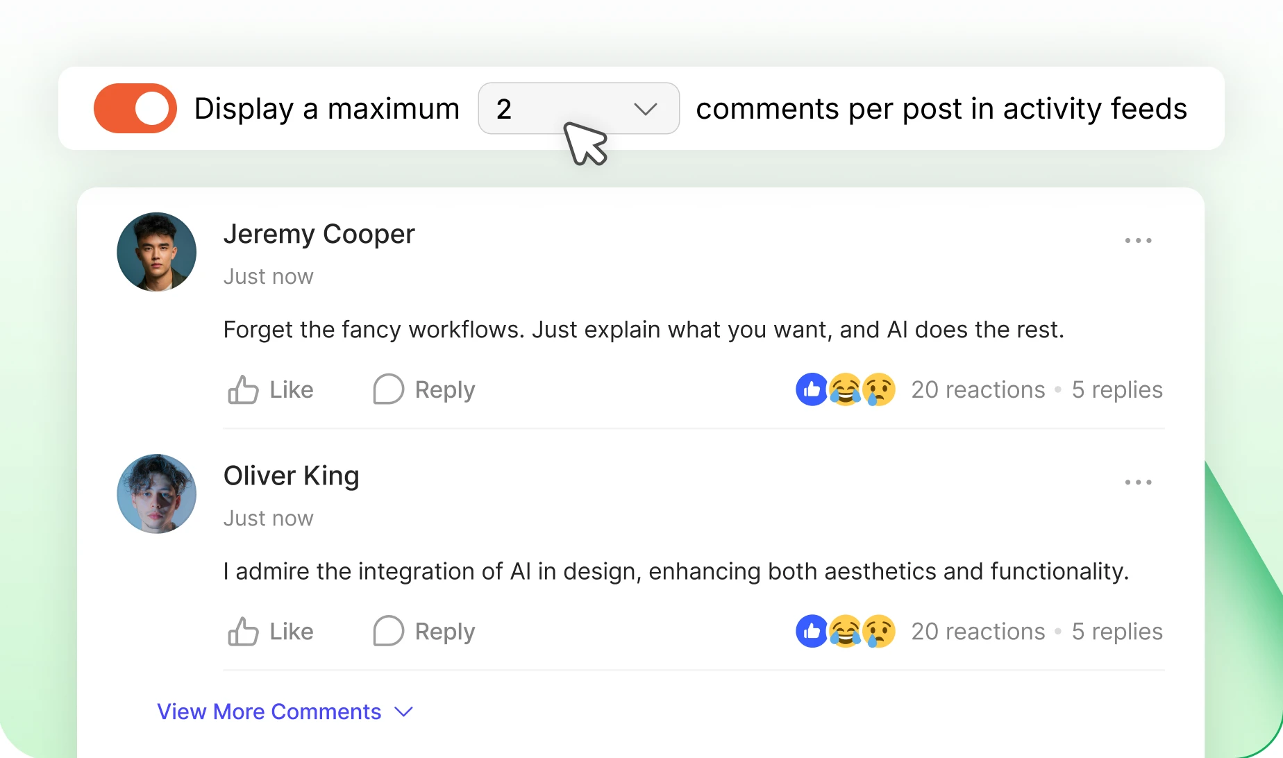 Setting for the maximum comments shown per post with a View More Comments link