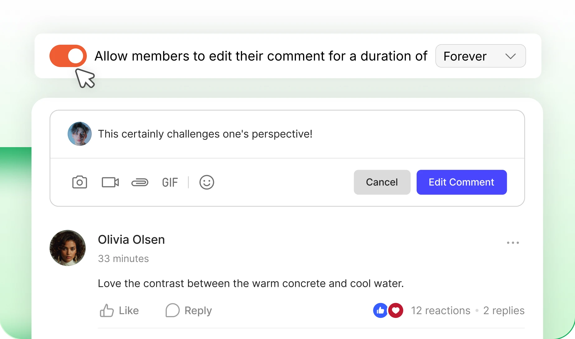 Setting to allow members to edit comments for a set duration with a comment in edit mode