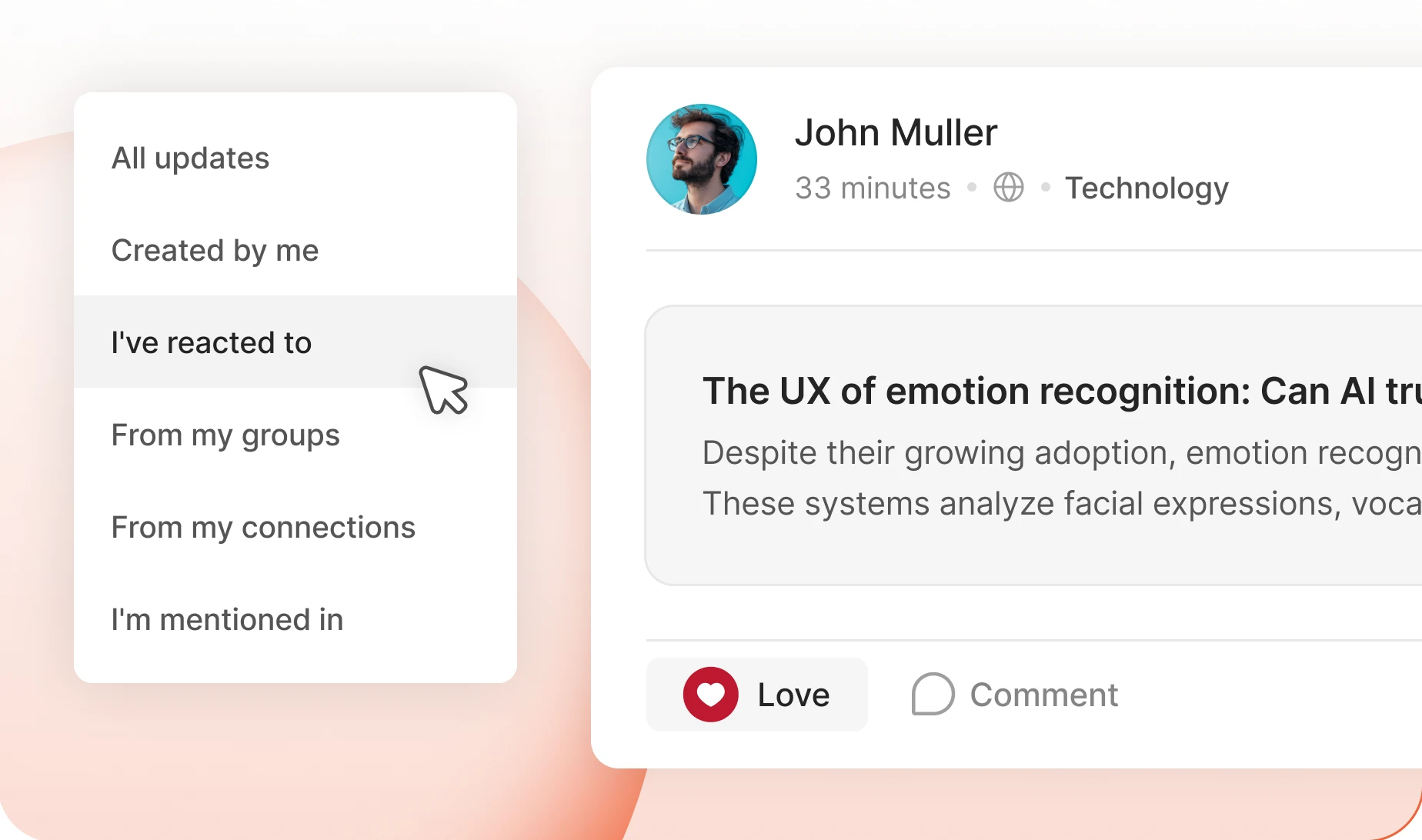 Feed filter menu with options such as All updates I've reacted to and From my groups