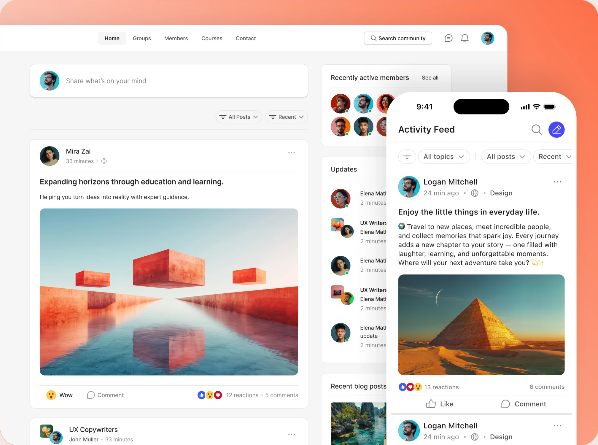 BuddyBoss activity feed on desktop and mobile showing posts reactions and recently active members