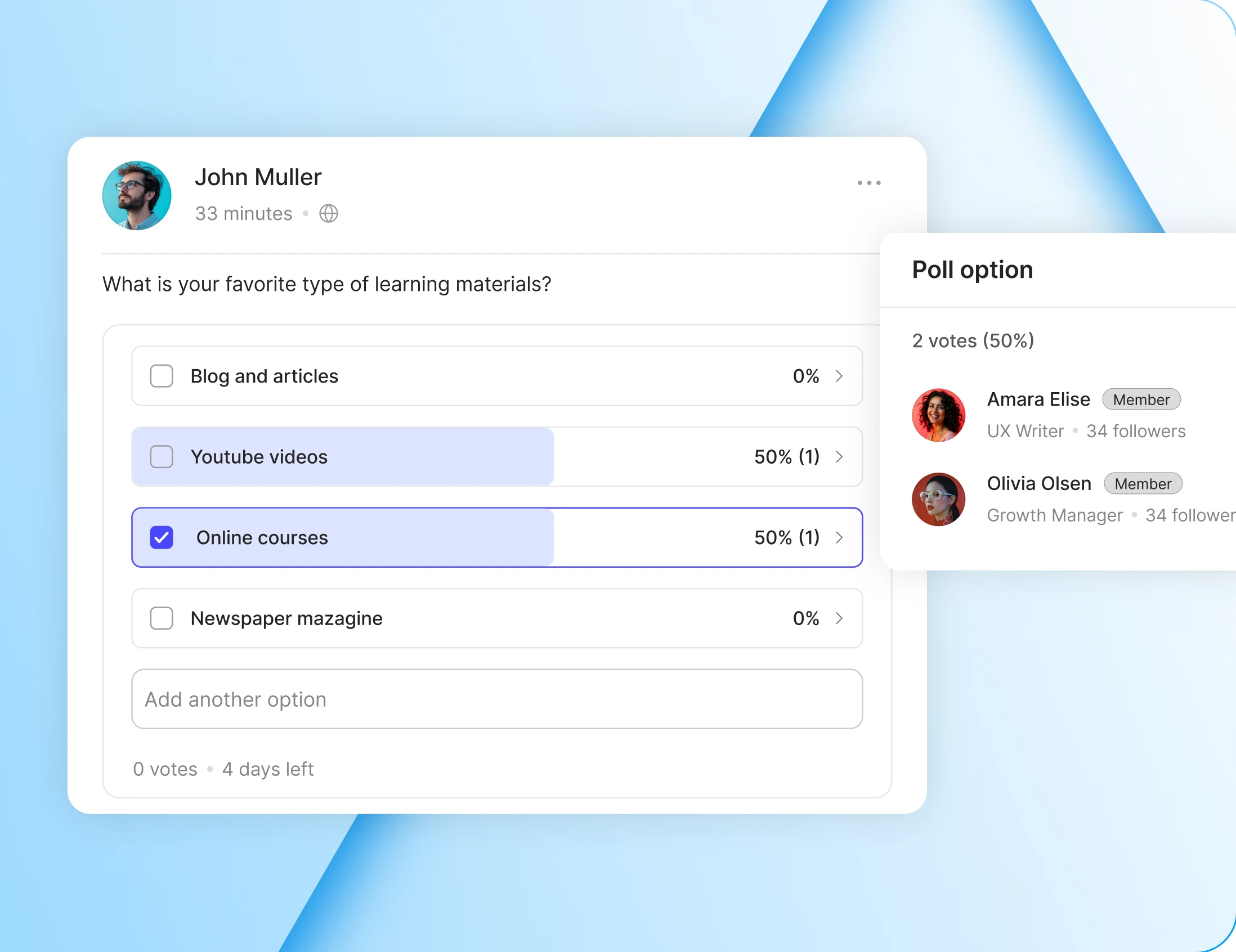 Poll in the activity feed with live vote percentages