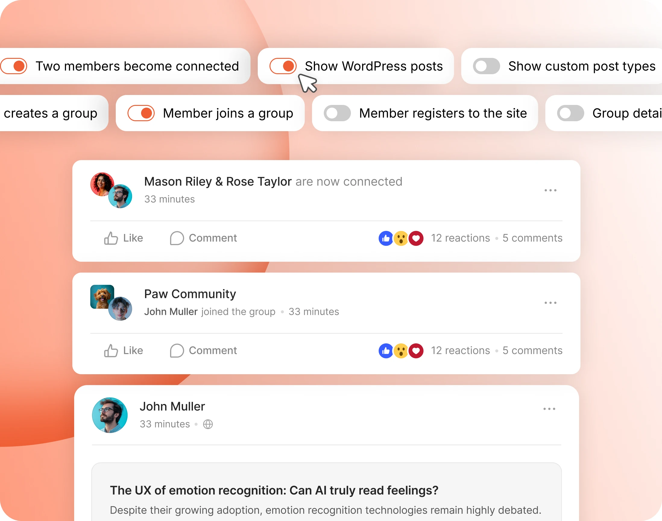 Toggles for which activity types appear in the feed above feed posts