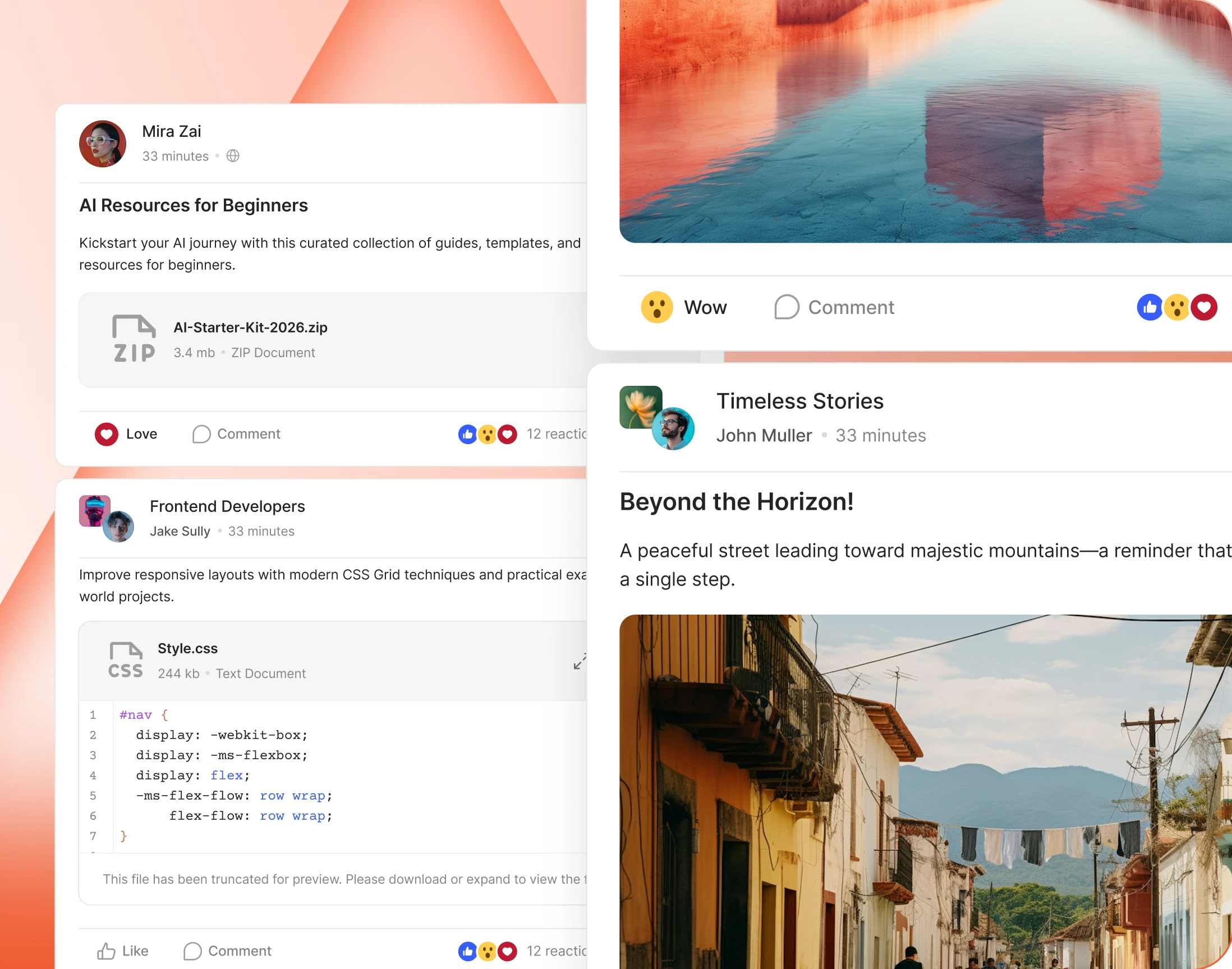 Personalized activity feed with posts from the member's groups and connections