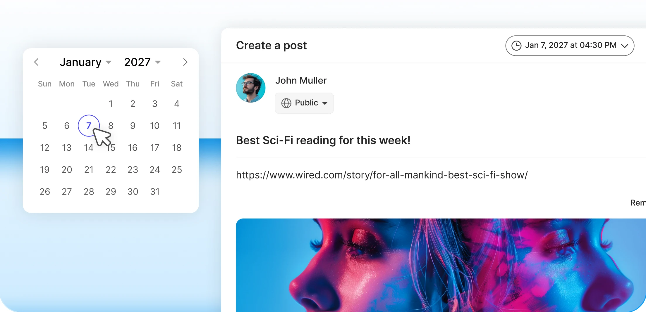Post composer with a date picker for scheduling a post