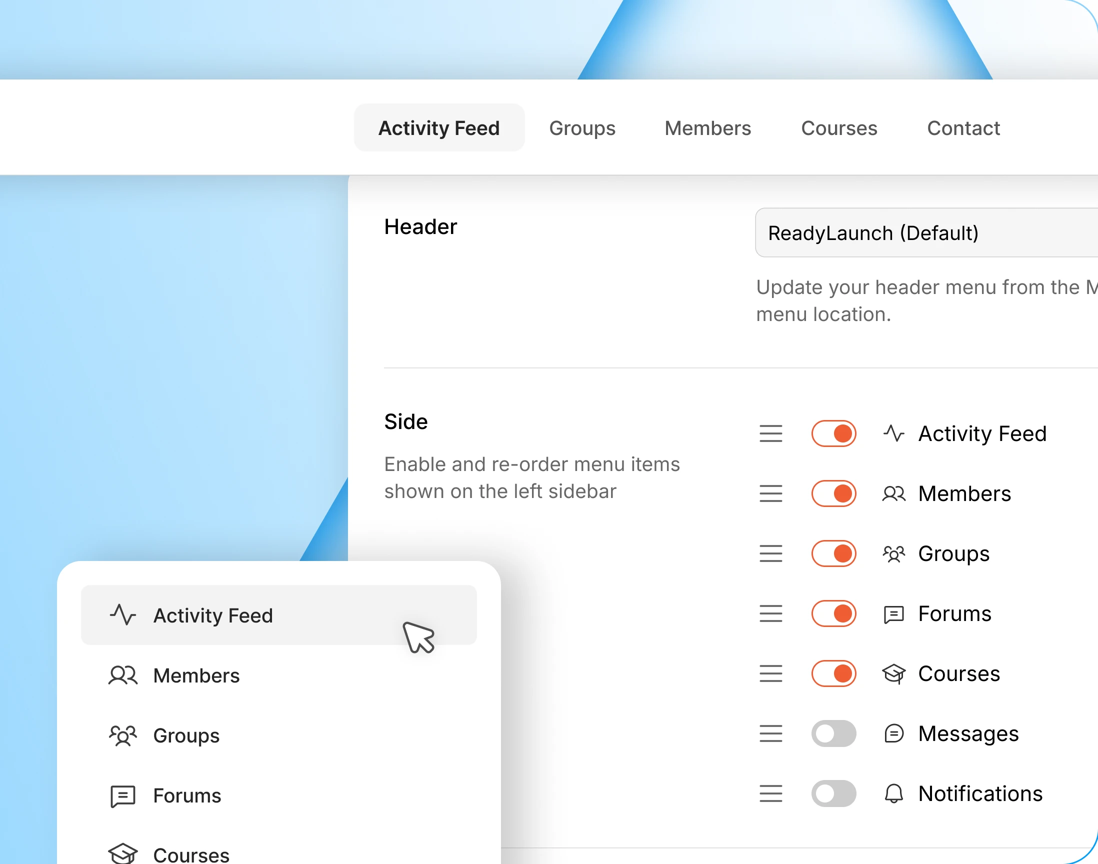 The ReadyLaunch Menus tab with the seven sidebar items in a list