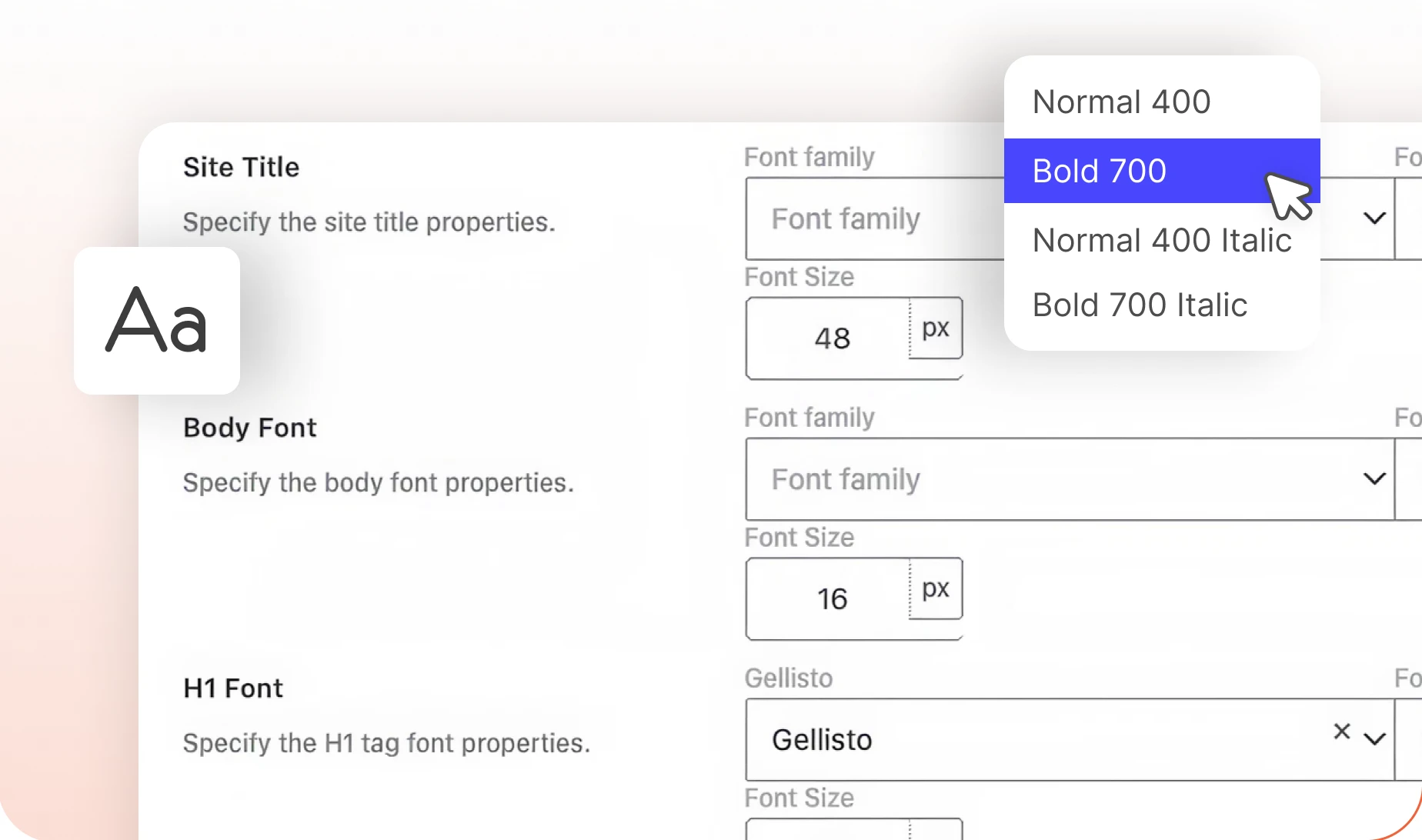 The Typography panel with font size weight and style controls