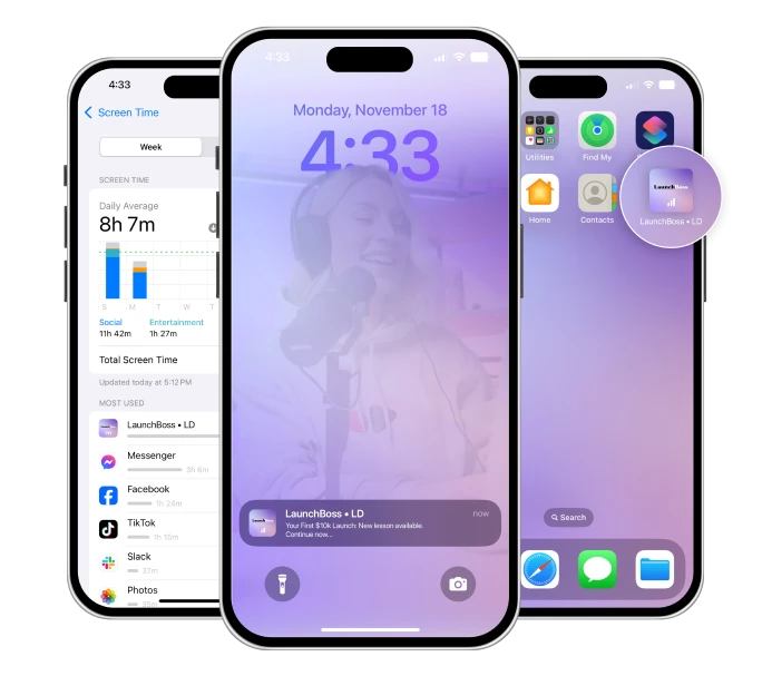 Phones showing screen time a lesson push notification on the lock screen and the app on the home screen