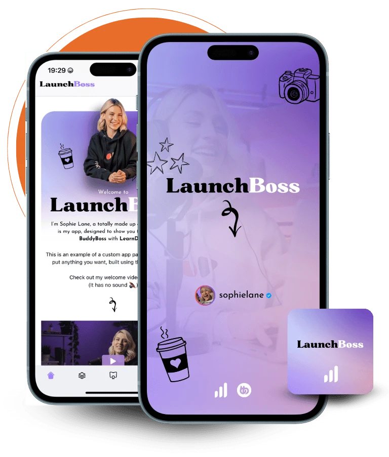 Two phones showing the branded LaunchBoss course app with its splash screen and app icon