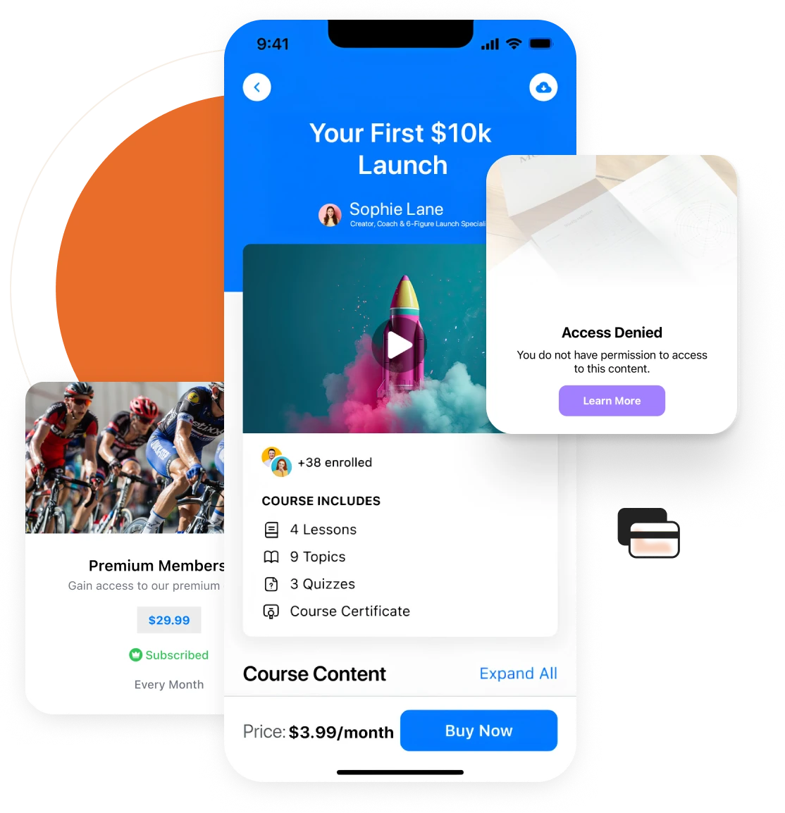 A course screen in the app with a Buy Now in app purchase a premium membership subscription and a locked content paywall