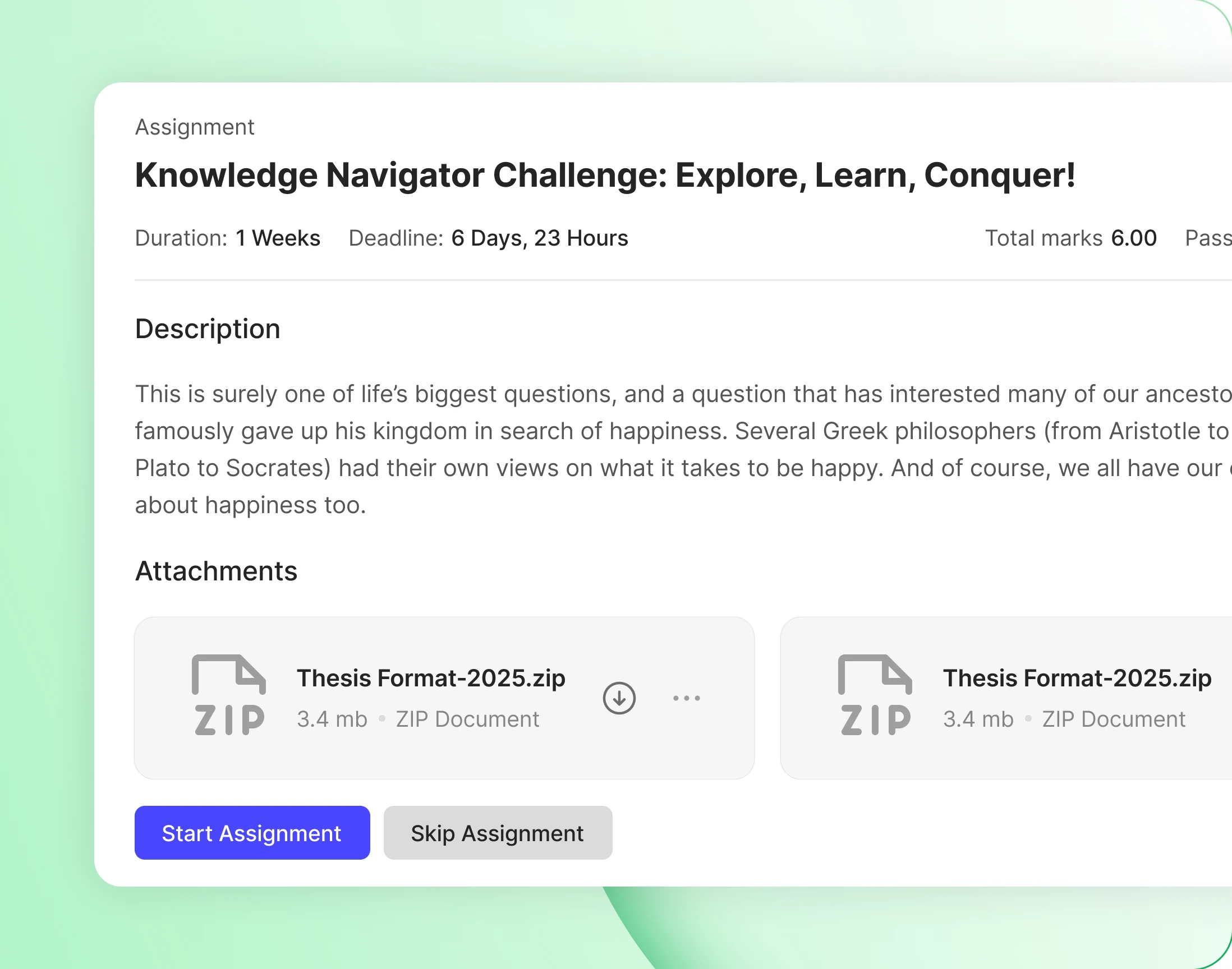 An assignment with its brief deadline and downloadable attachments
