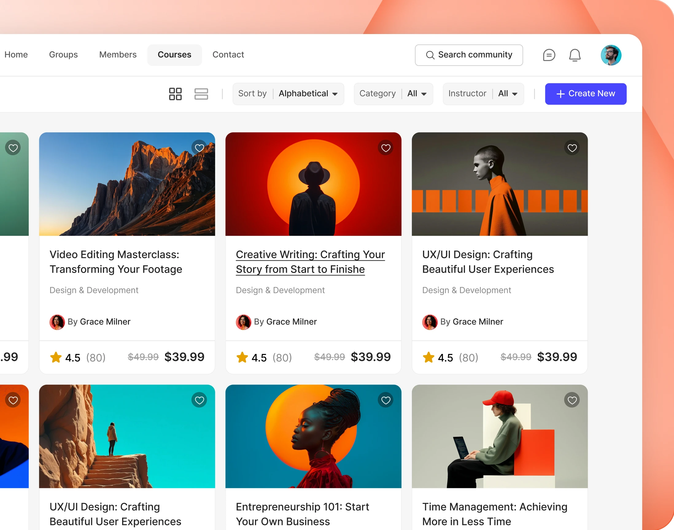 The course directory as a grid of cards with covers and bylines