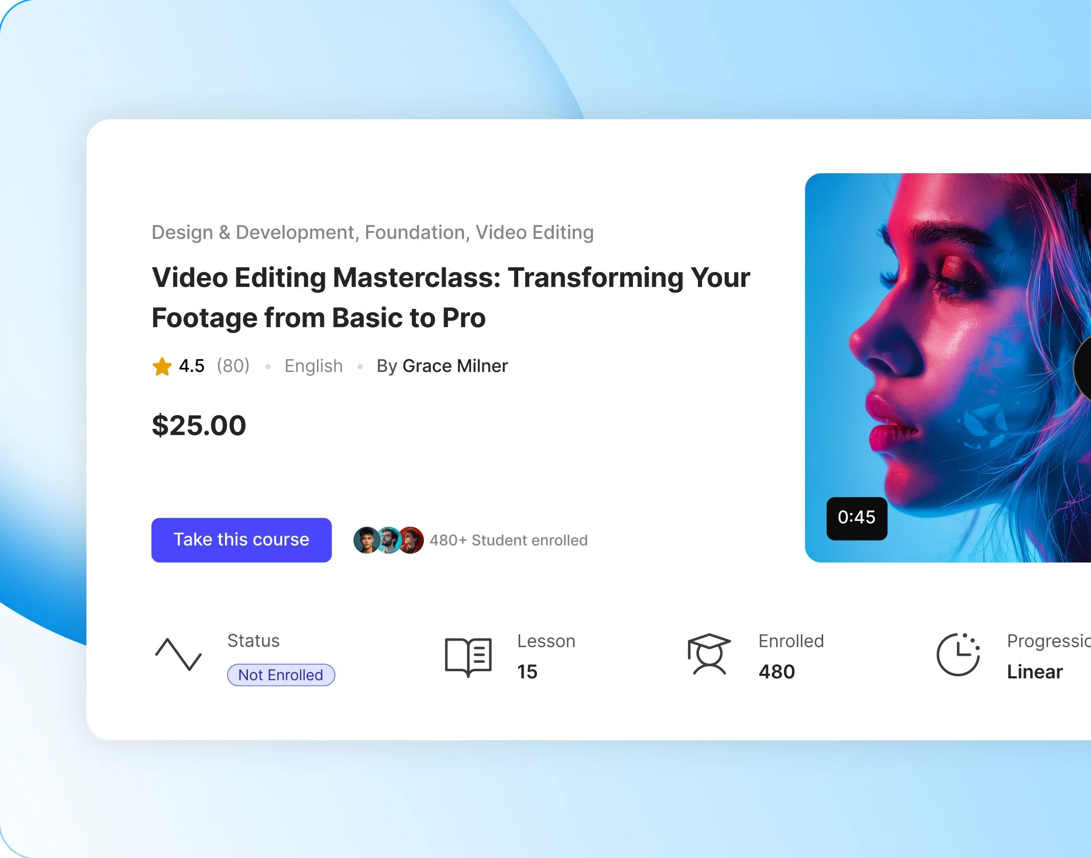 A course page header with rating language and instructor byline