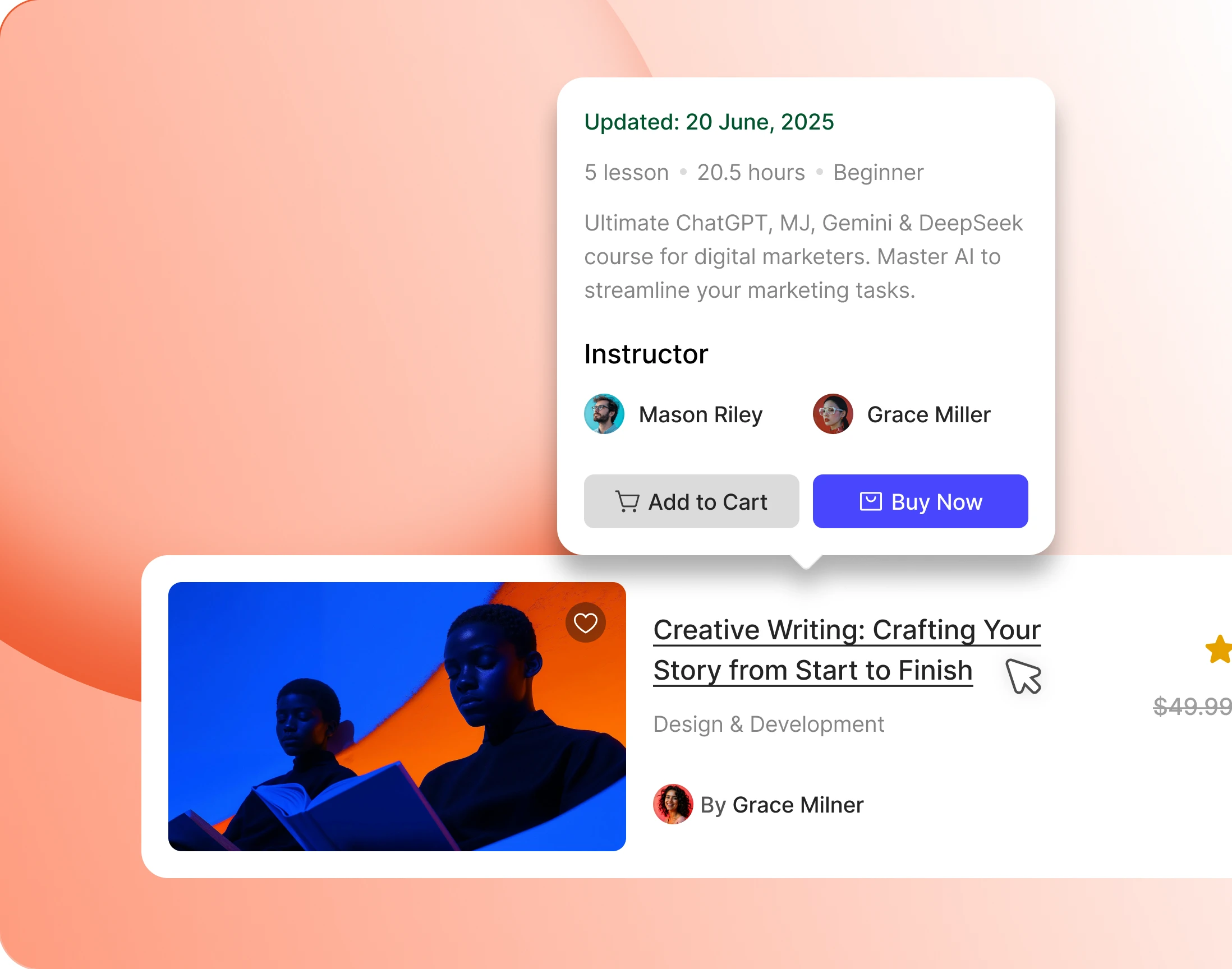 A hover panel previewing a course from the directory