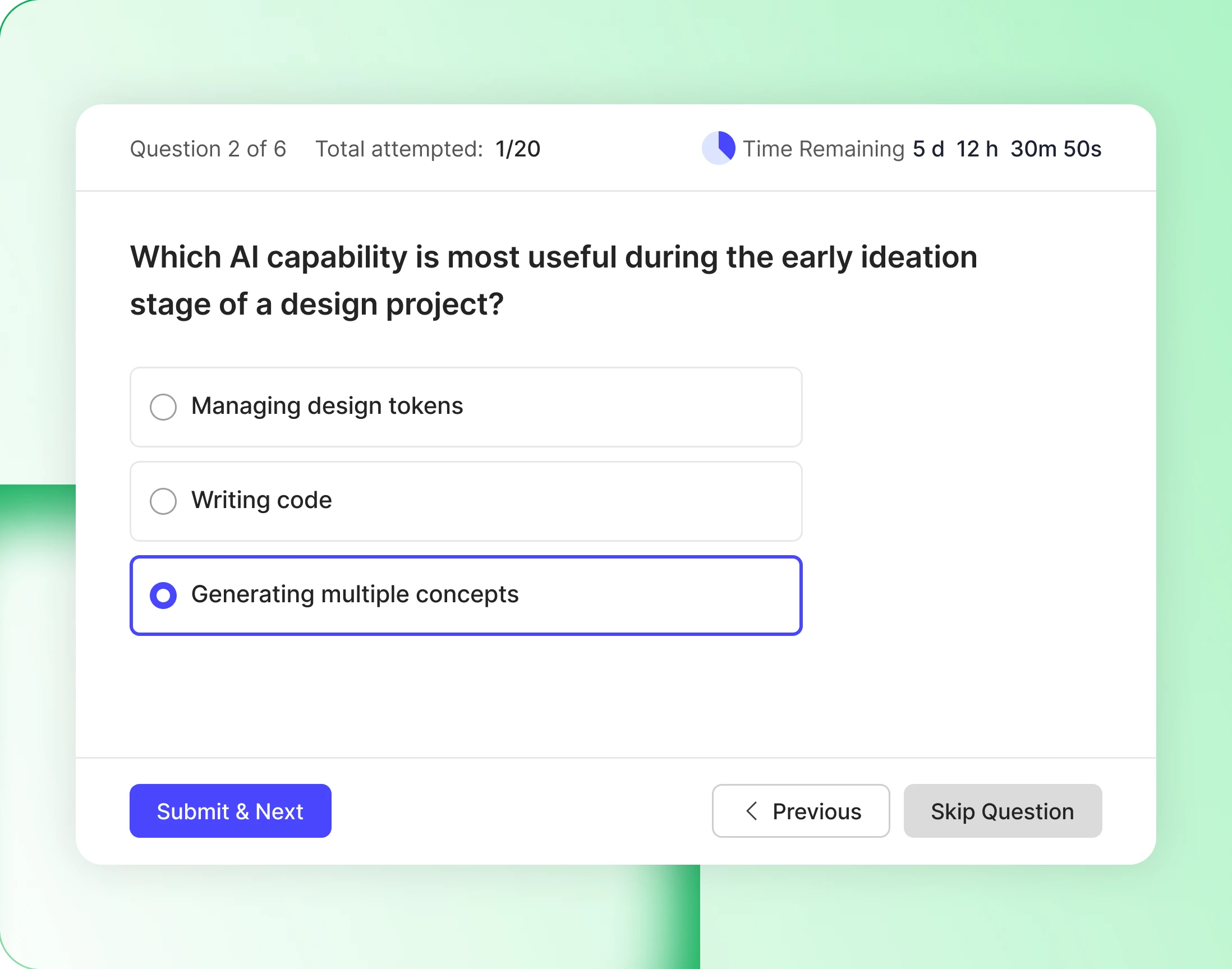 A quiz start card listing questions marks and passing grade