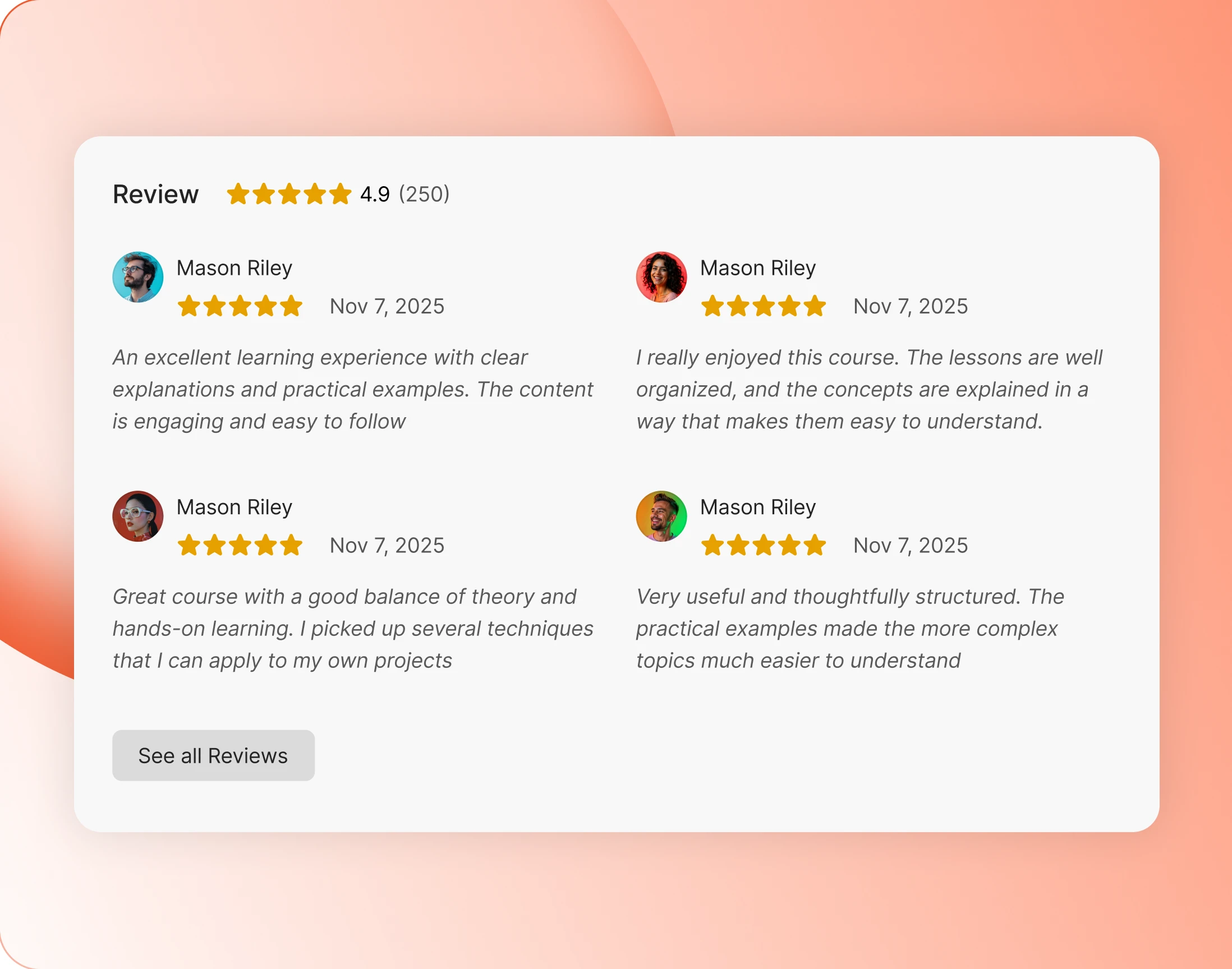 The reviews block with an aggregate score and member testimonials