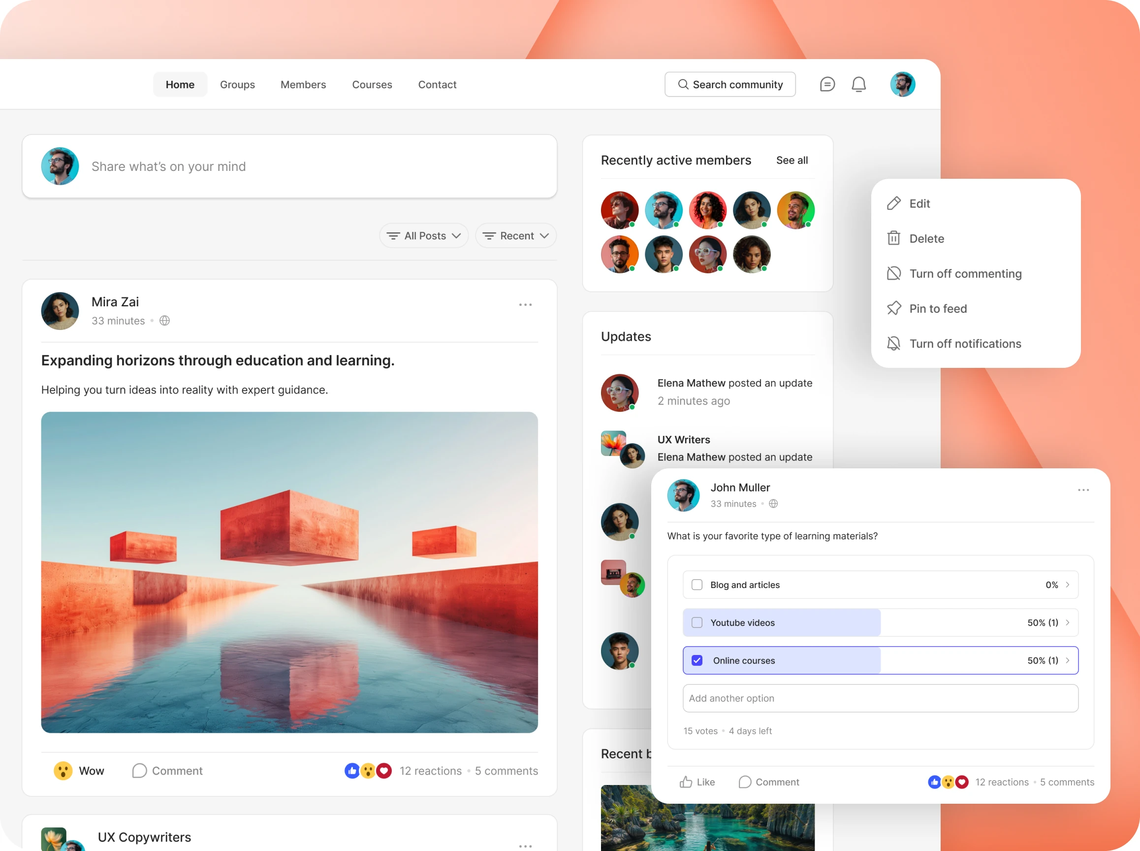 A BuddyBoss activity feed with a post a poll and a members panel