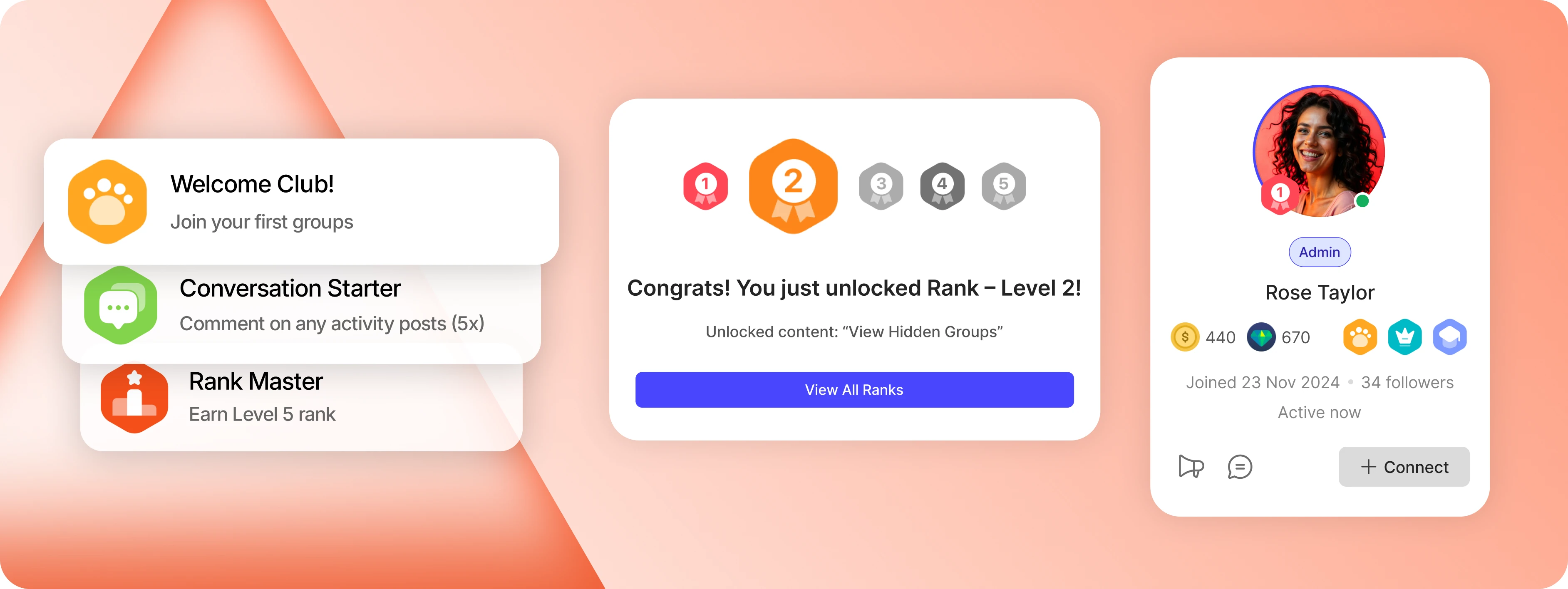 Points ranks and achievement badges across a community profile