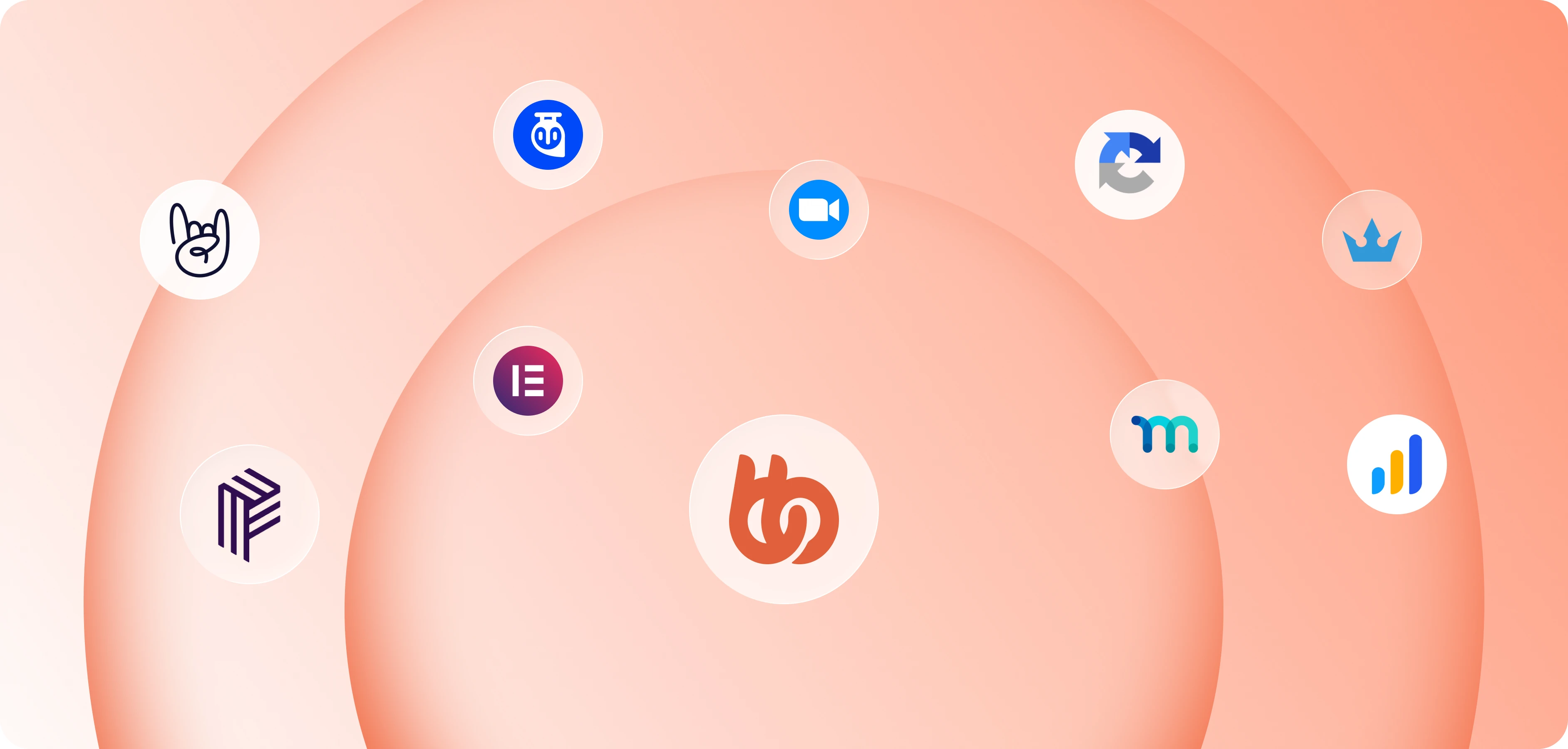 Ten integration logos floating over a soft peach field BuddyBoss at the centre