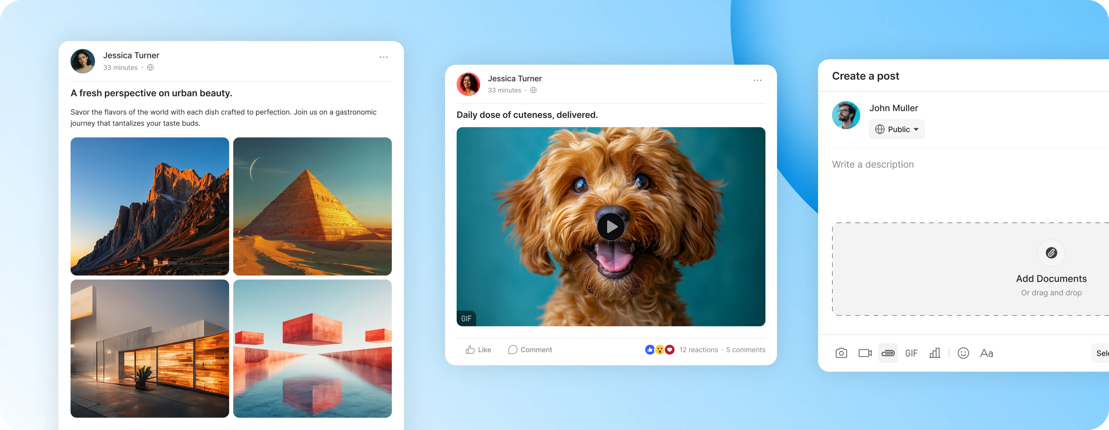 Posts carrying a photo album a video and a document upload