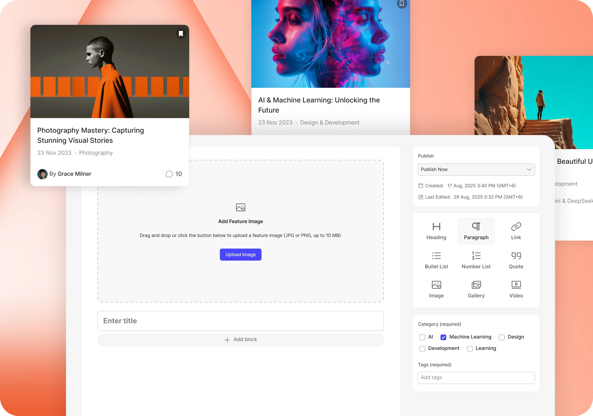 A member written blog listing with the front end editor open