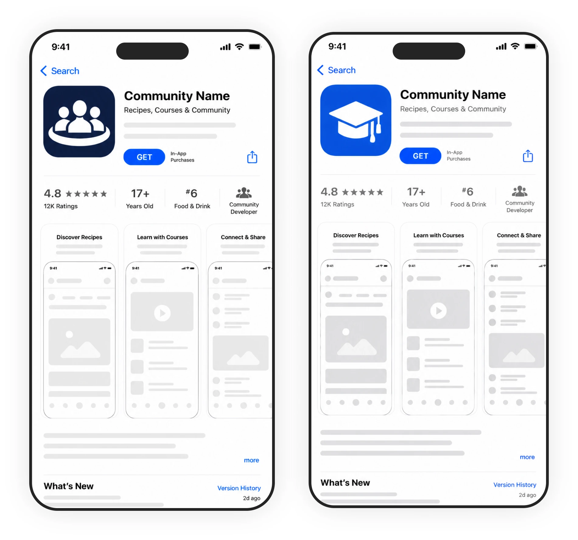 The BuddyBoss community app on two phones on its App Store listing page with ratings and a Get button