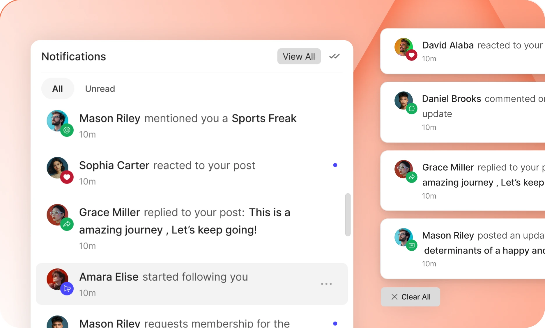 A notifications panel listing mentions replies and invites
