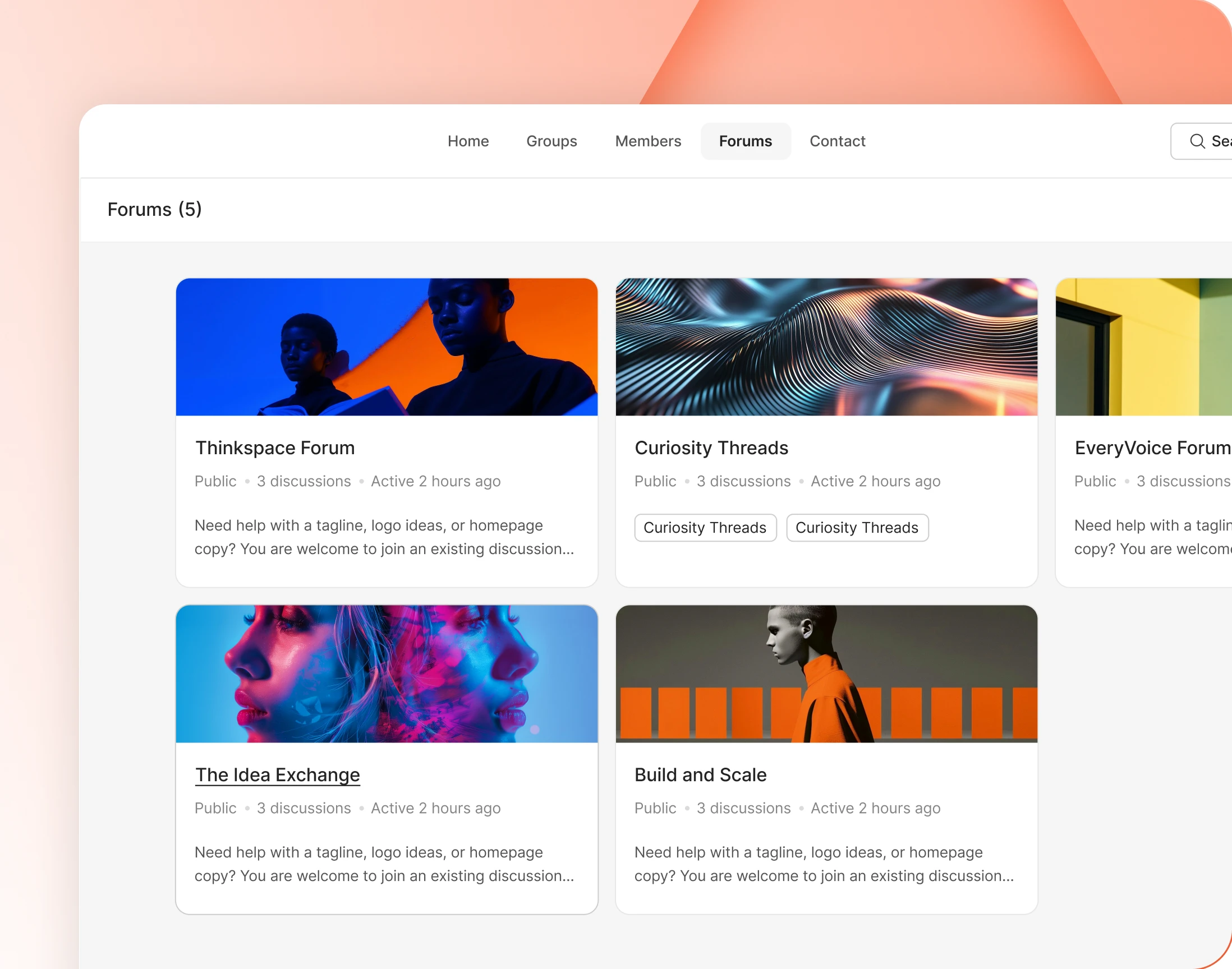 The forums directory as a card grid with covers tags and activity meta
