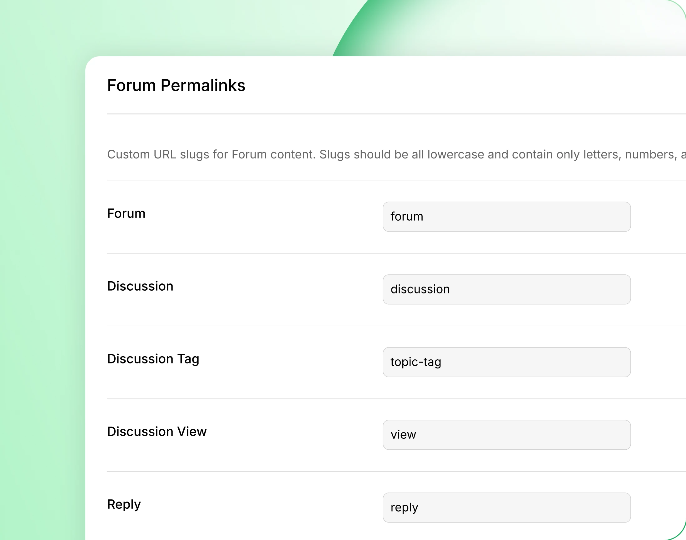 Custom URL slug settings for forum discussion reply and search
