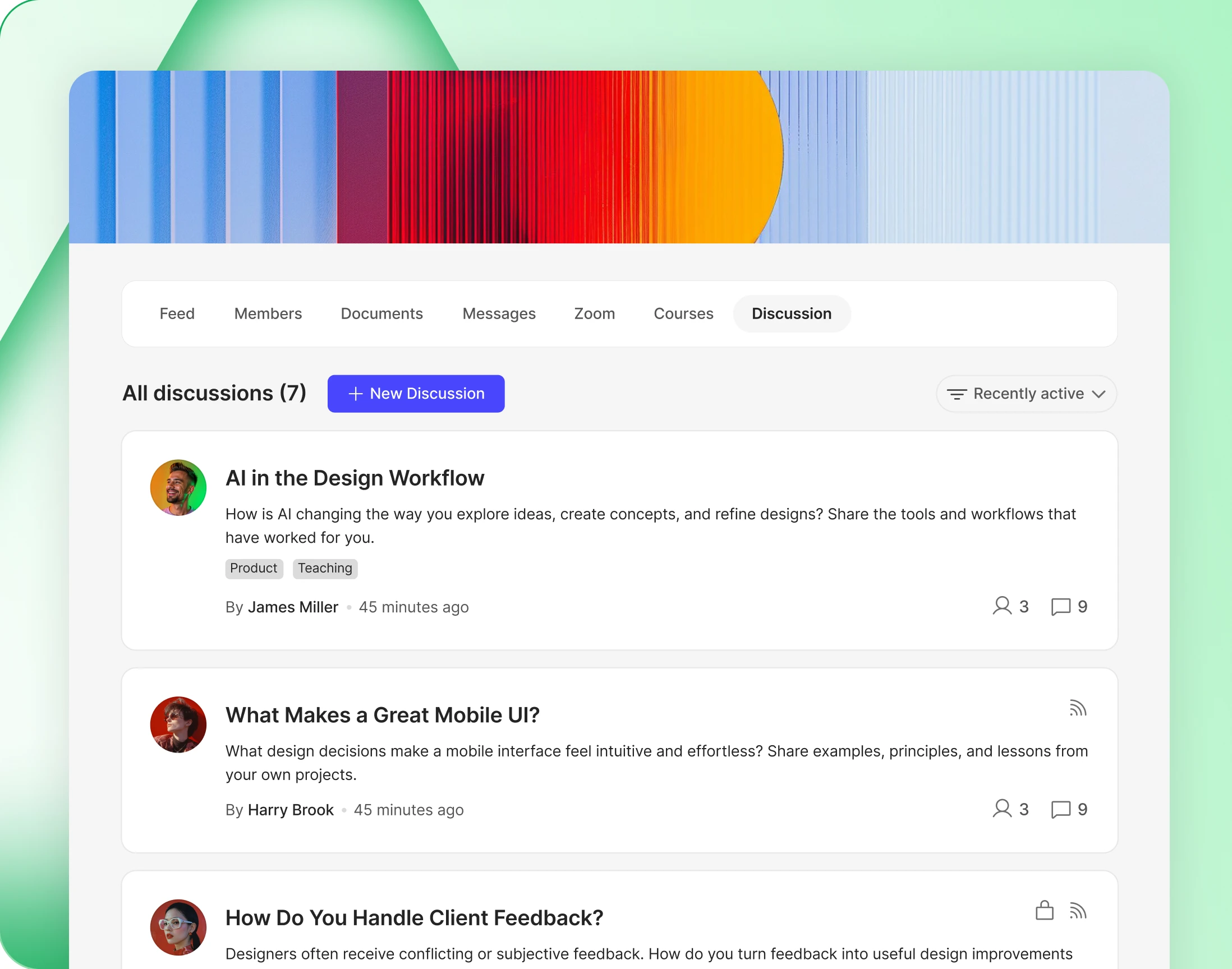 A Discussions tab inside a social group beside the group feed