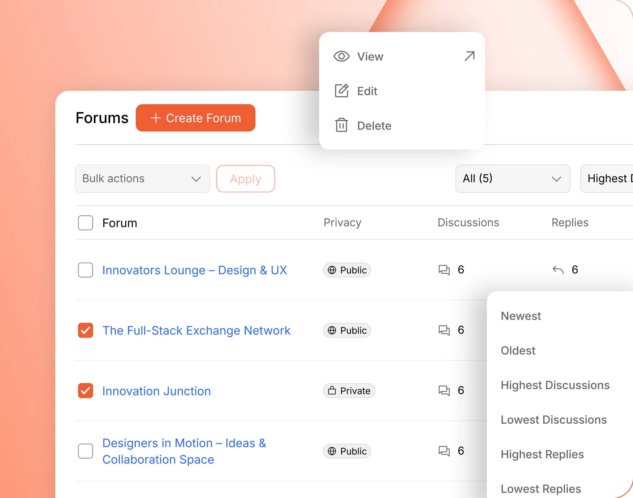 The wp admin Forums list with search filters sort and bulk edit