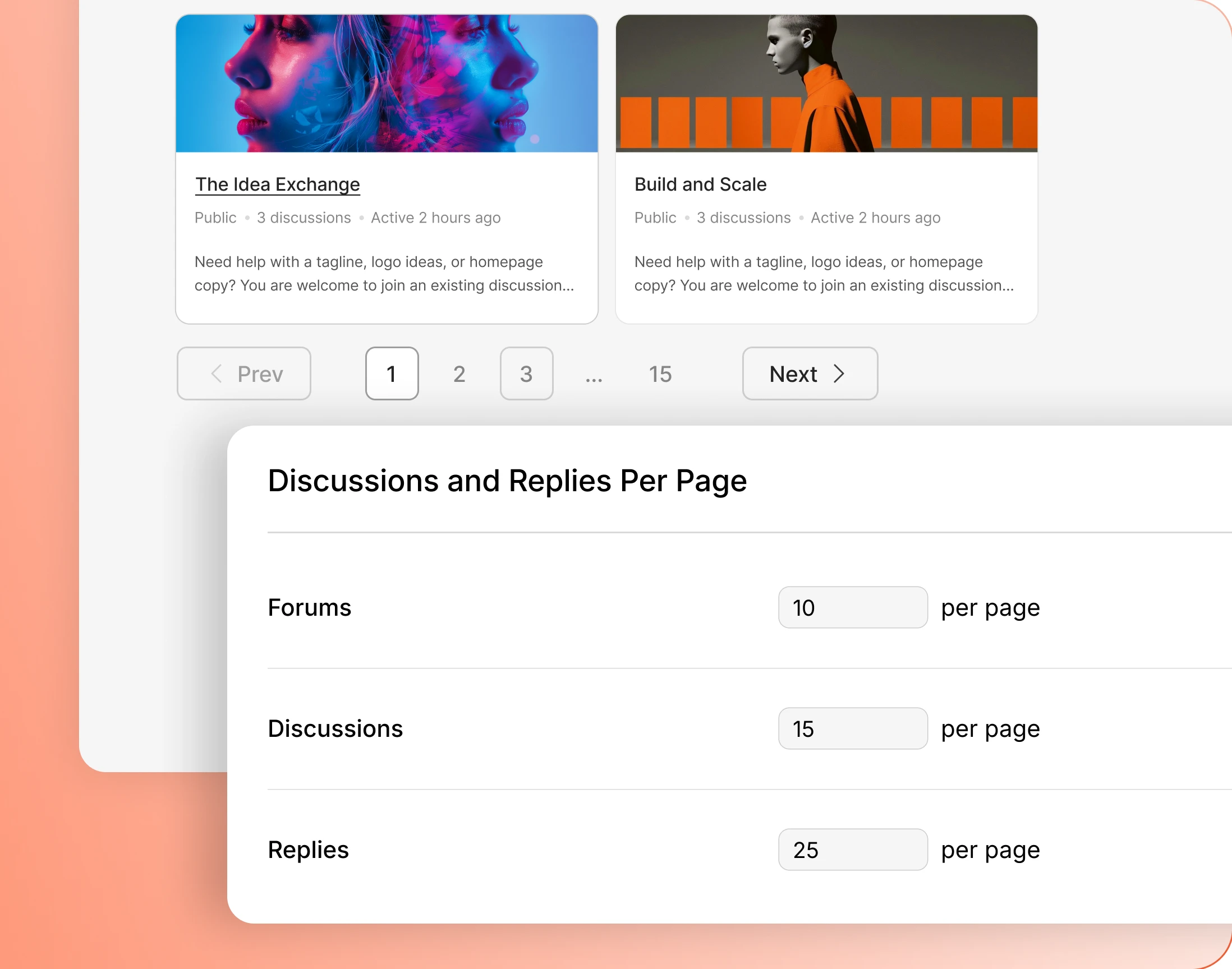 Per page settings for forums discussions and replies with pagination