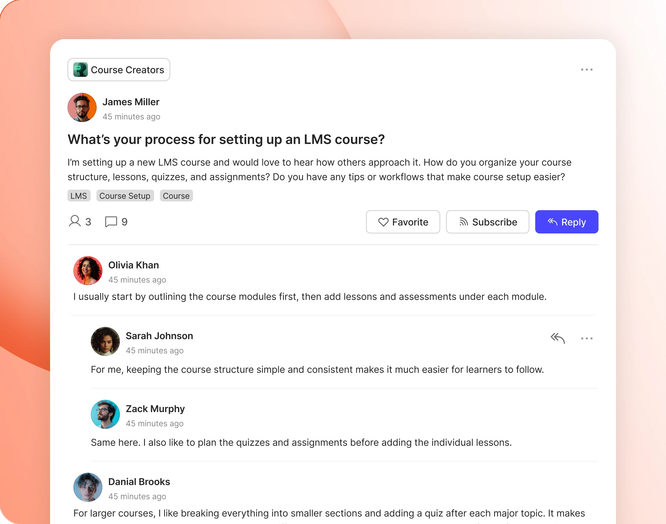 Nested forum replies each quoting the message it answers