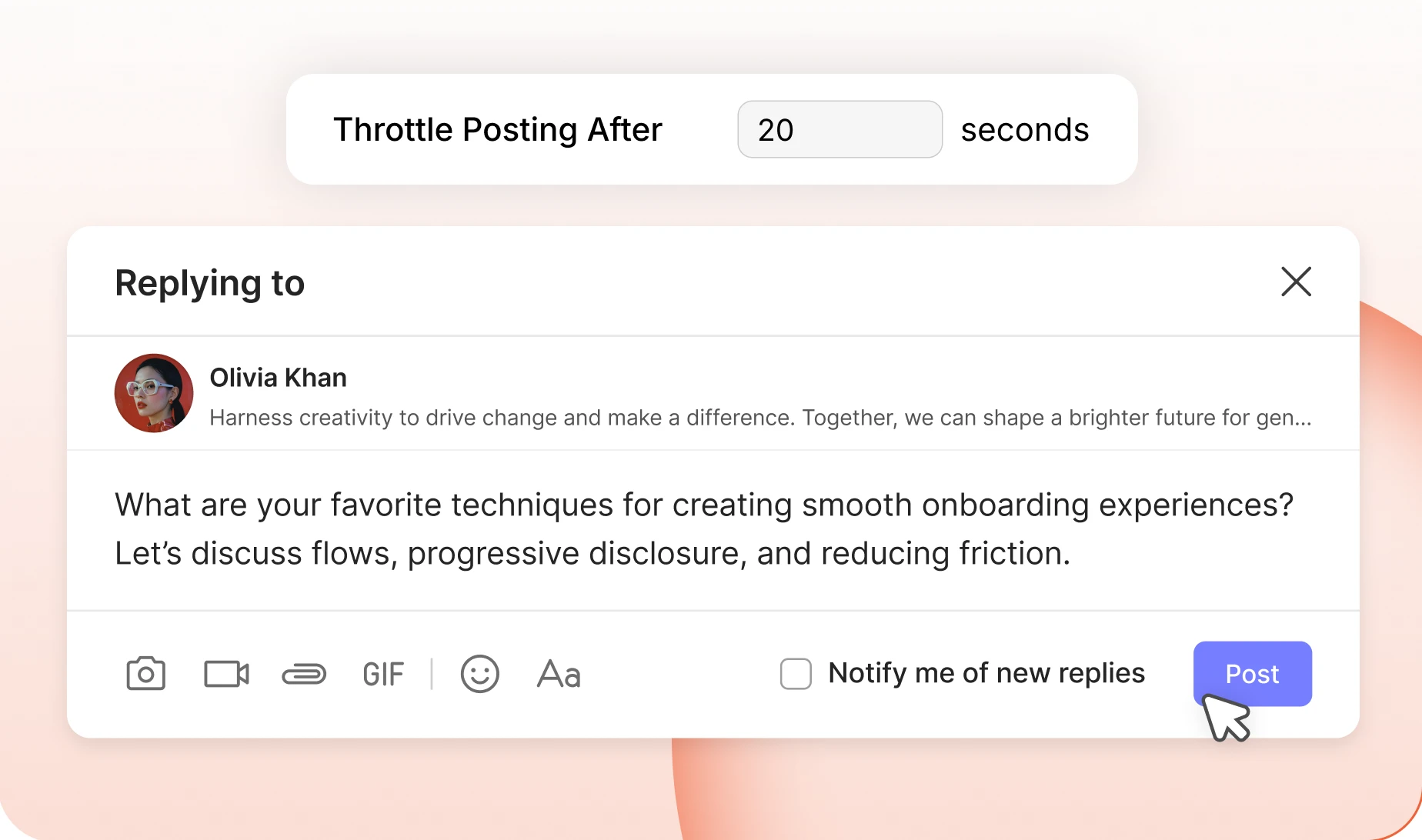 The posting throttle setting defaulting to ten seconds