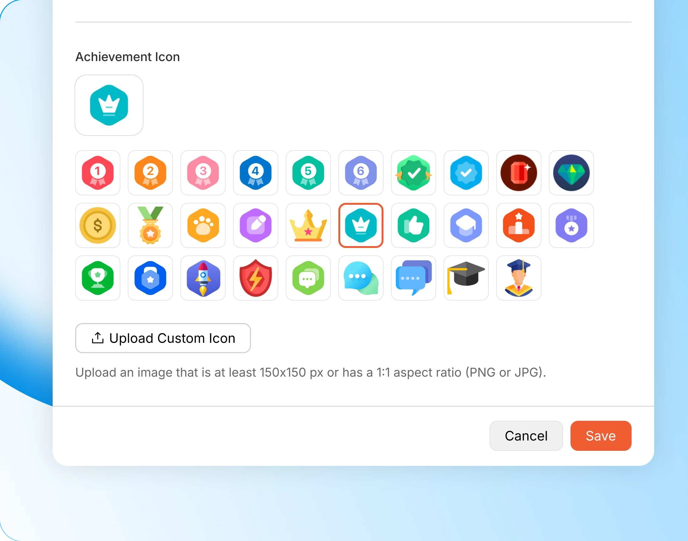 Thirty preset achievement icons  medals crowns gems and rockets