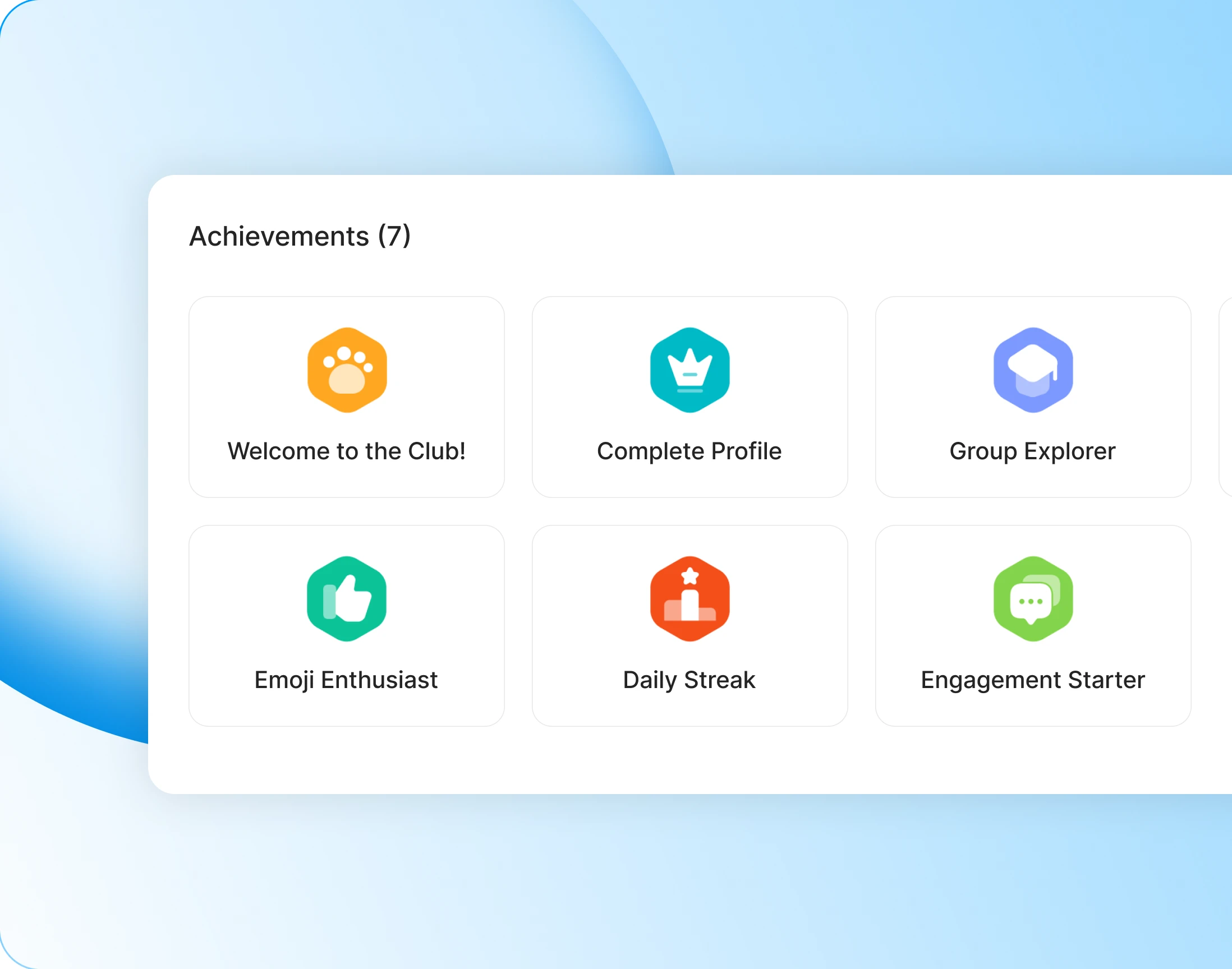 The achievements admin listing badges with their criteria lines