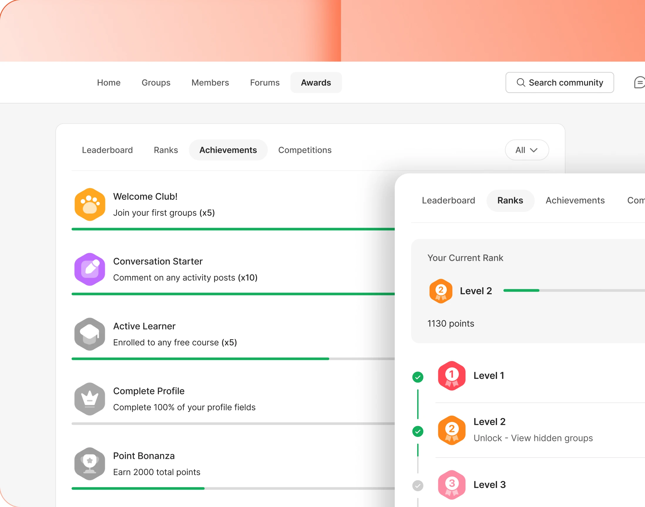 The Awards page with Leaderboard Ranks Achievements and Competitions tabs