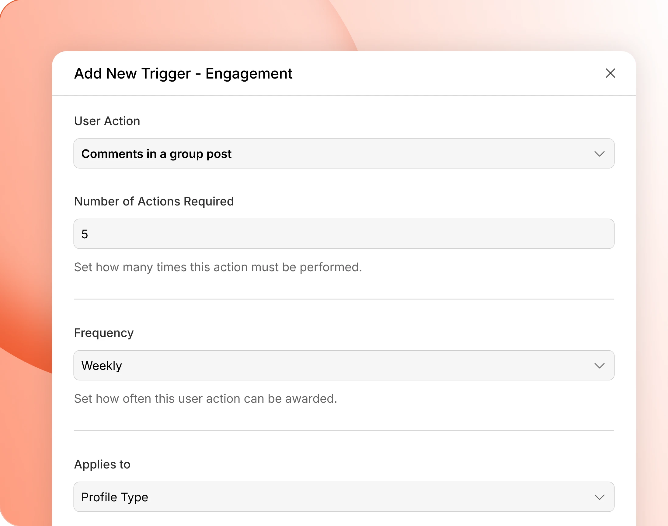 The add trigger dialog for a point type with audience and value