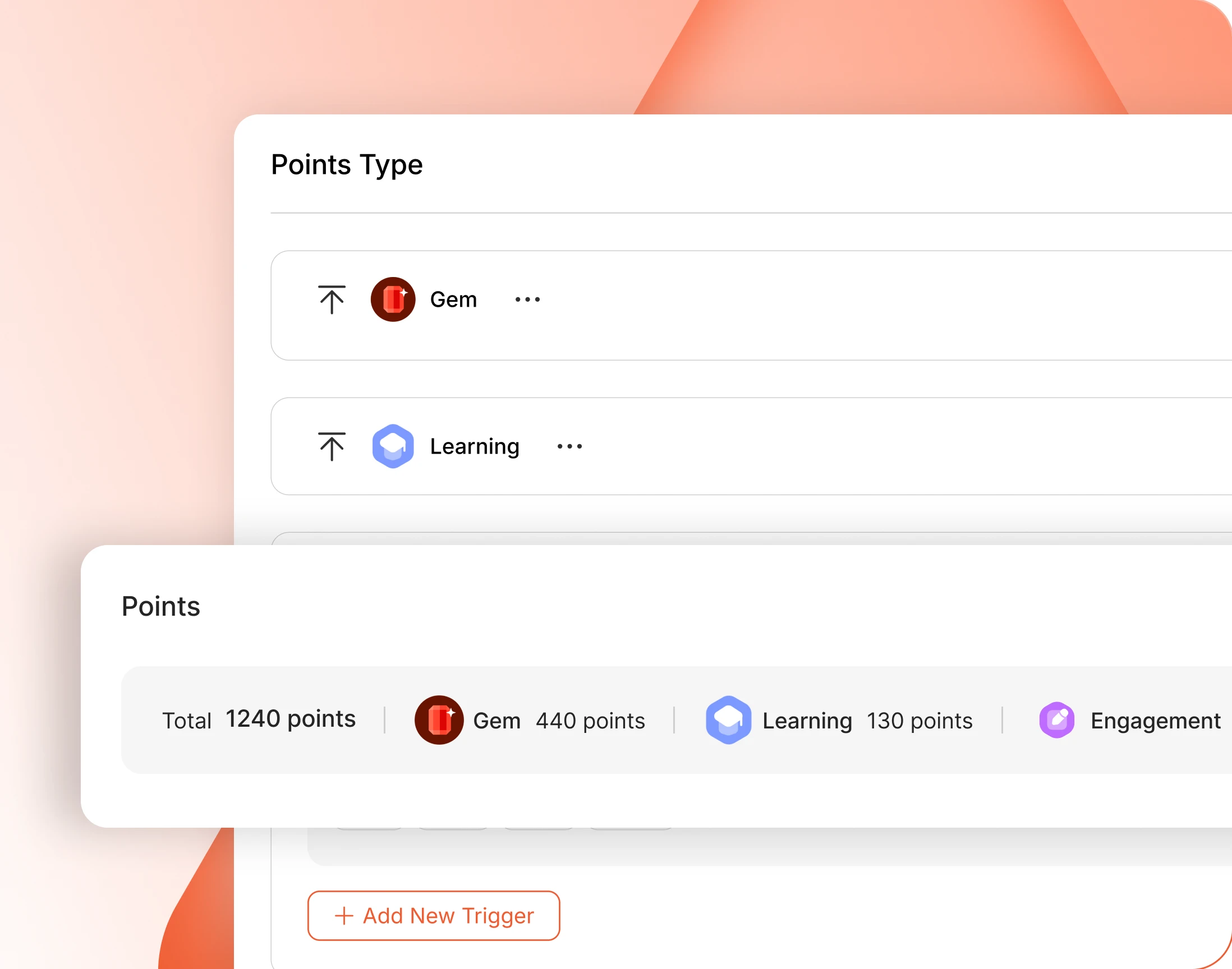 The point types admin with Gem Learning and Engagement currencies