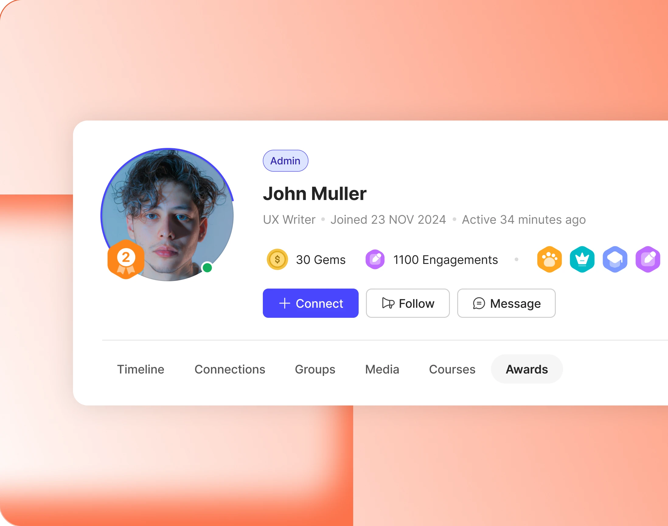 A profile header with currency chips badge medallions and a rosette