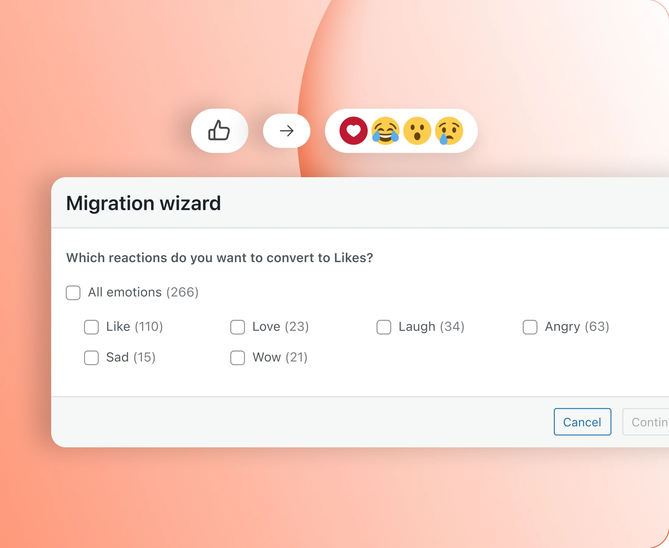 The dialog that carries existing Likes across a reaction mode change