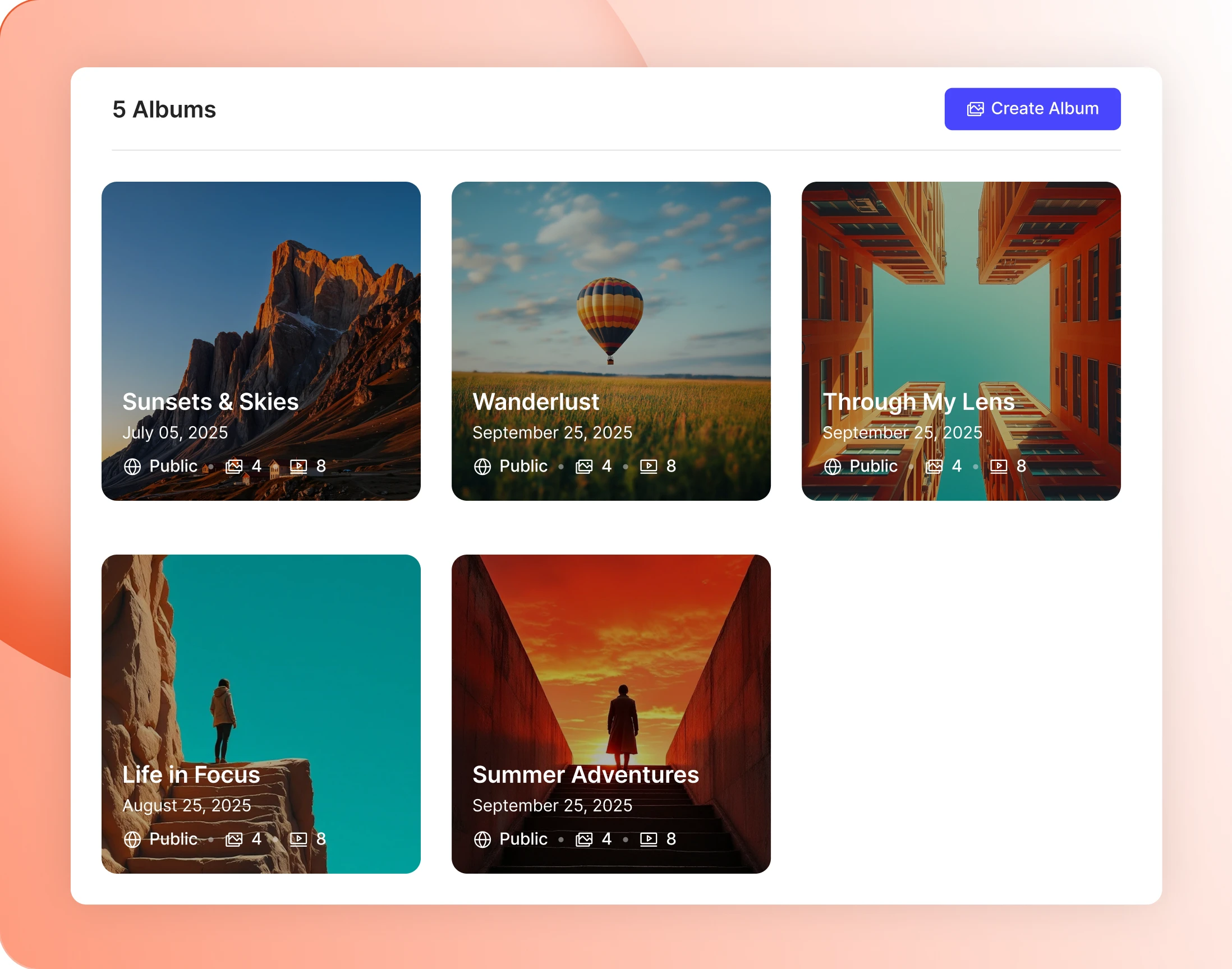 Album cards showing privacy created date and photo and video counts
