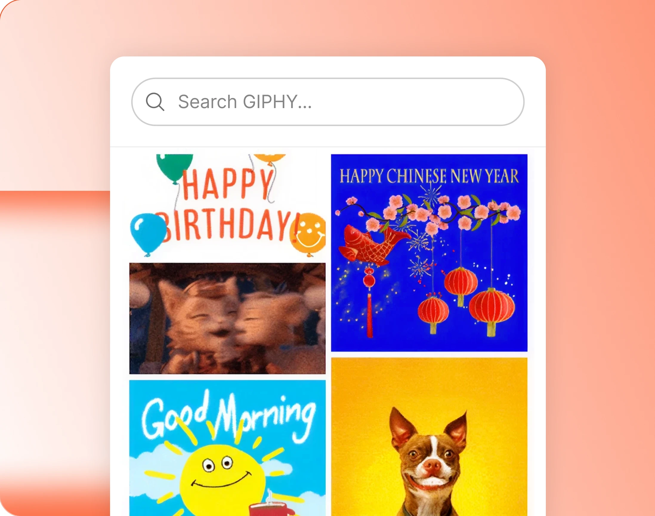 The GIPHY picker showing a masonry grid of search results