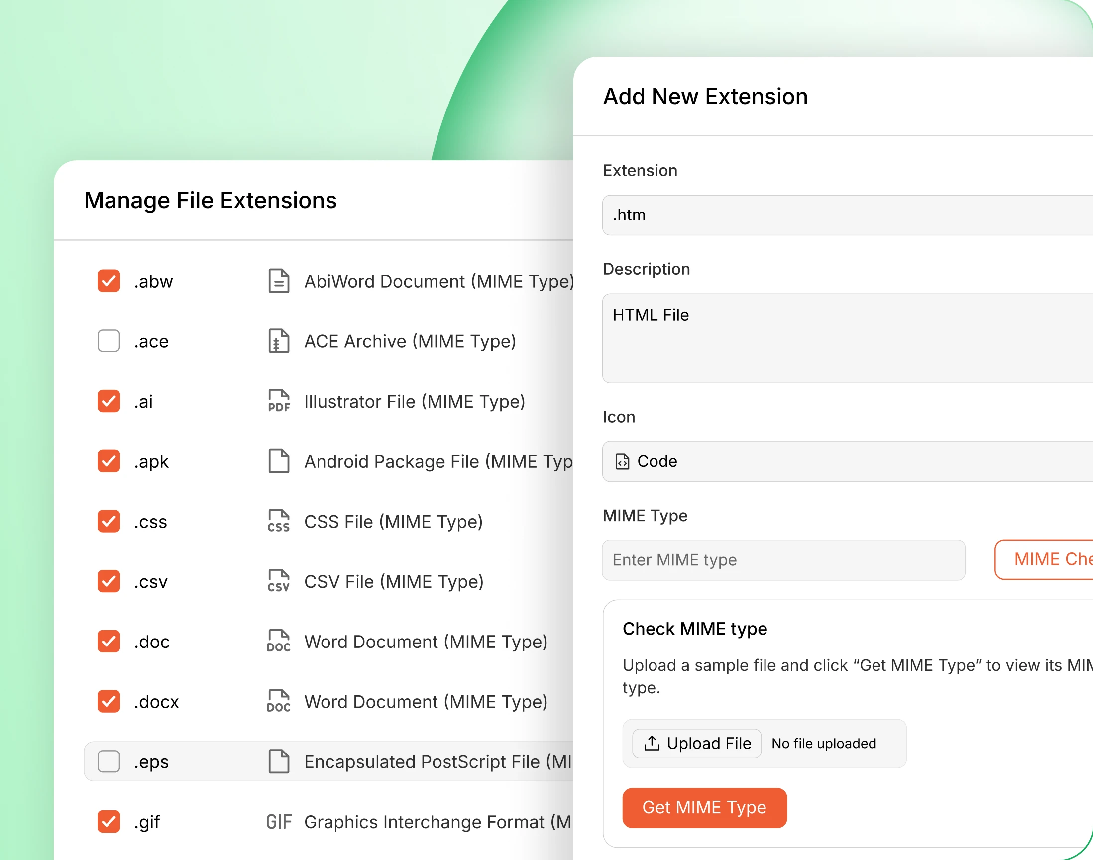 Document extension allowlist with descriptions icons and MIME types