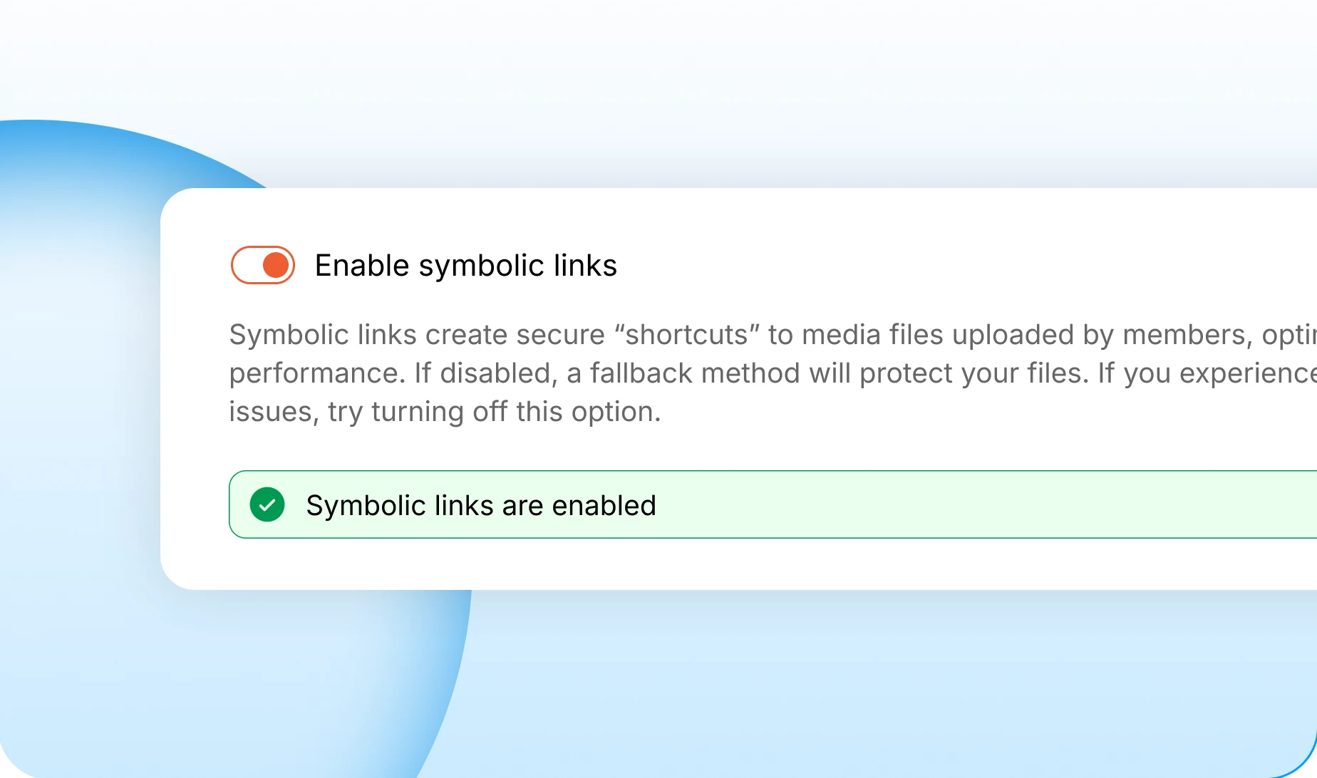The symbolic links setting showing an enabled confirmation notice