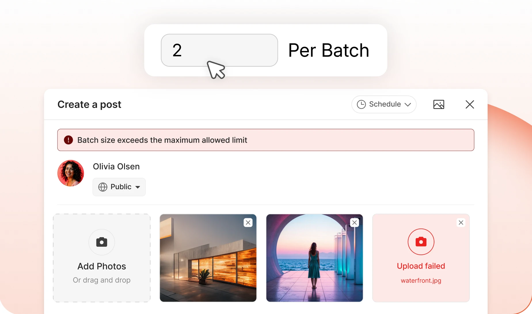 The composer showing queued photos with one tap remove