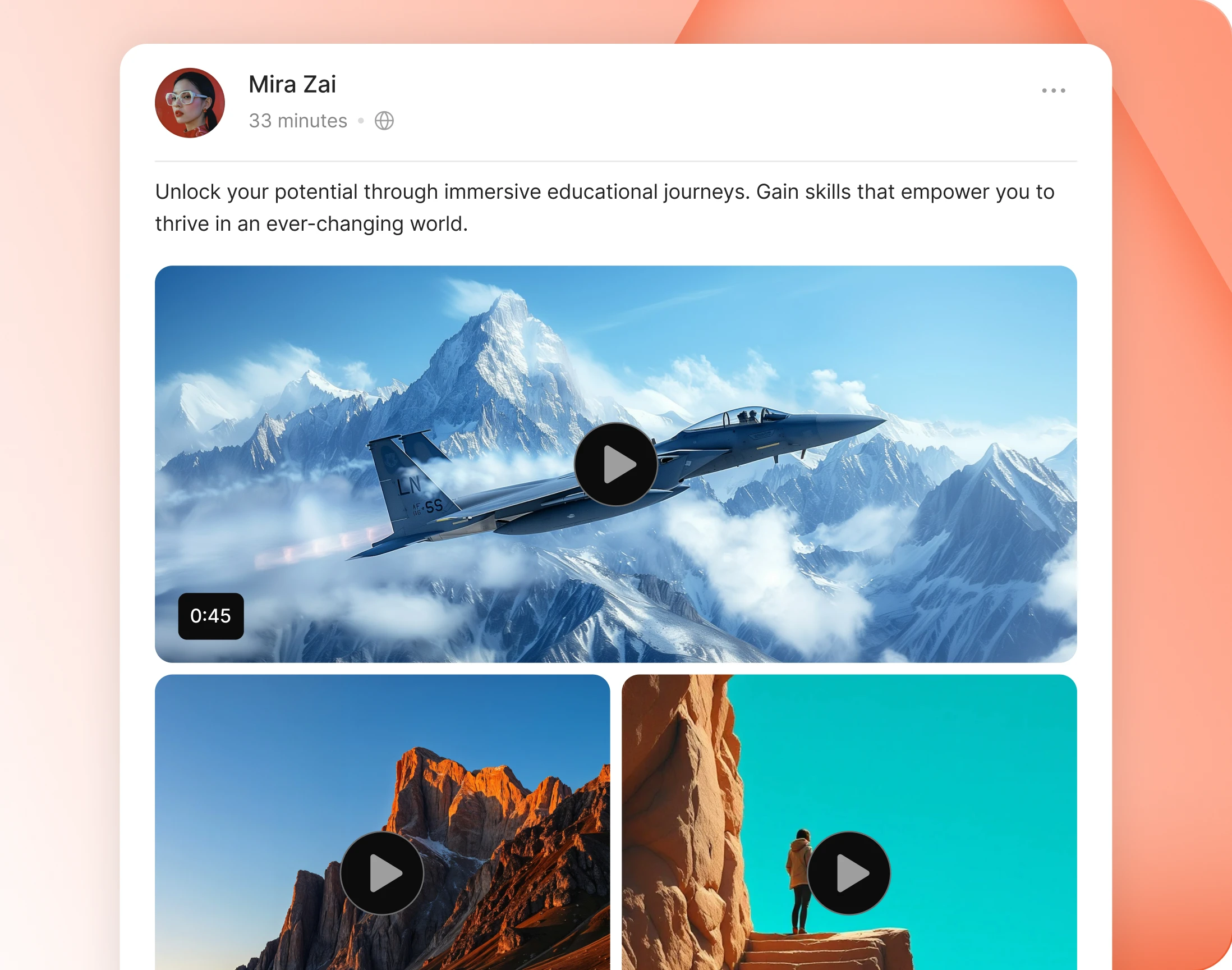 Video tiles with play overlays and duration badges in a feed