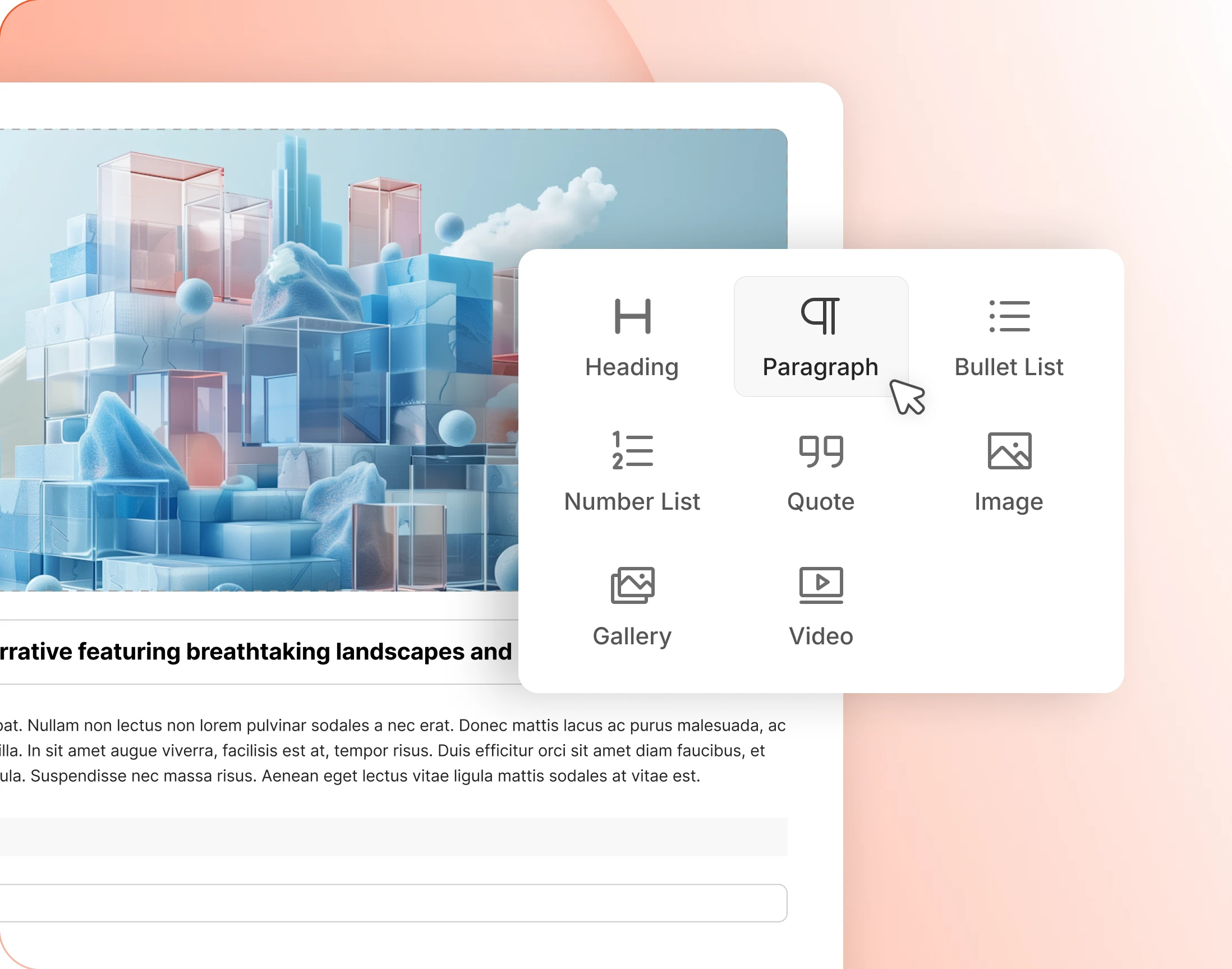 The Add block palette offering heading paragraph image and video