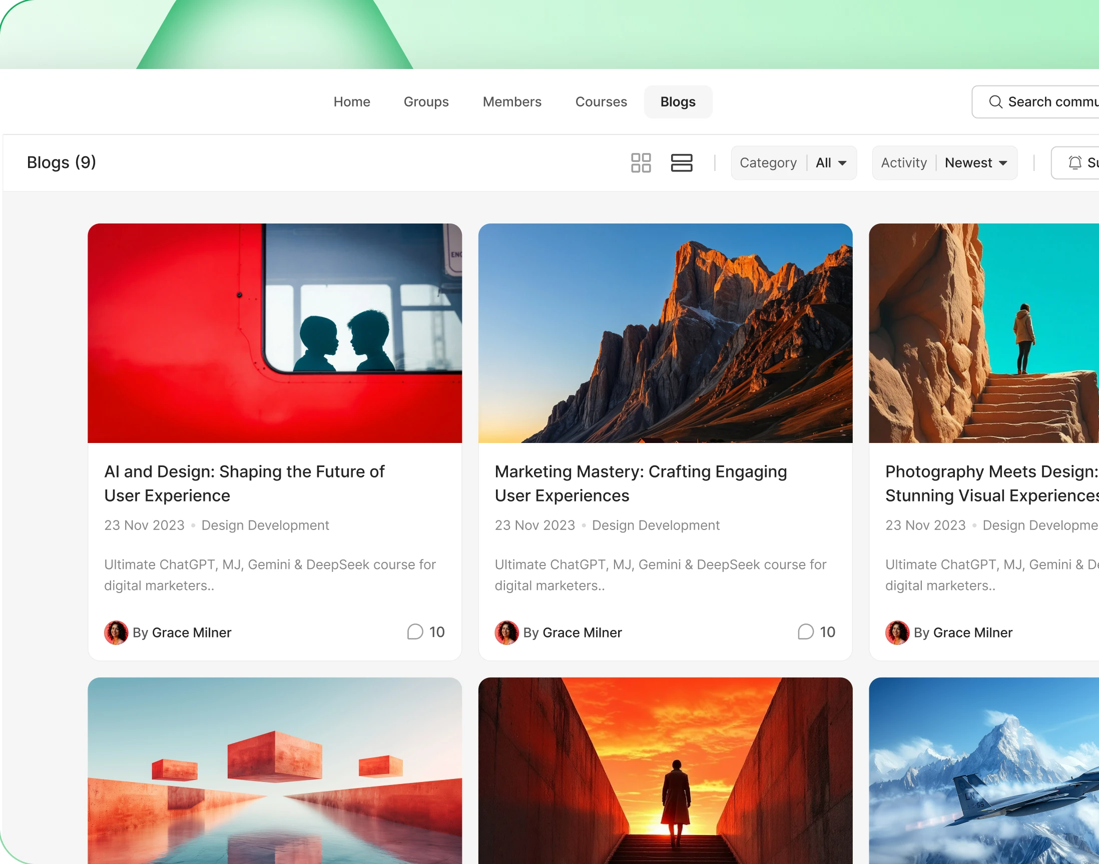 The blog directory with category filters and a grid of post cards