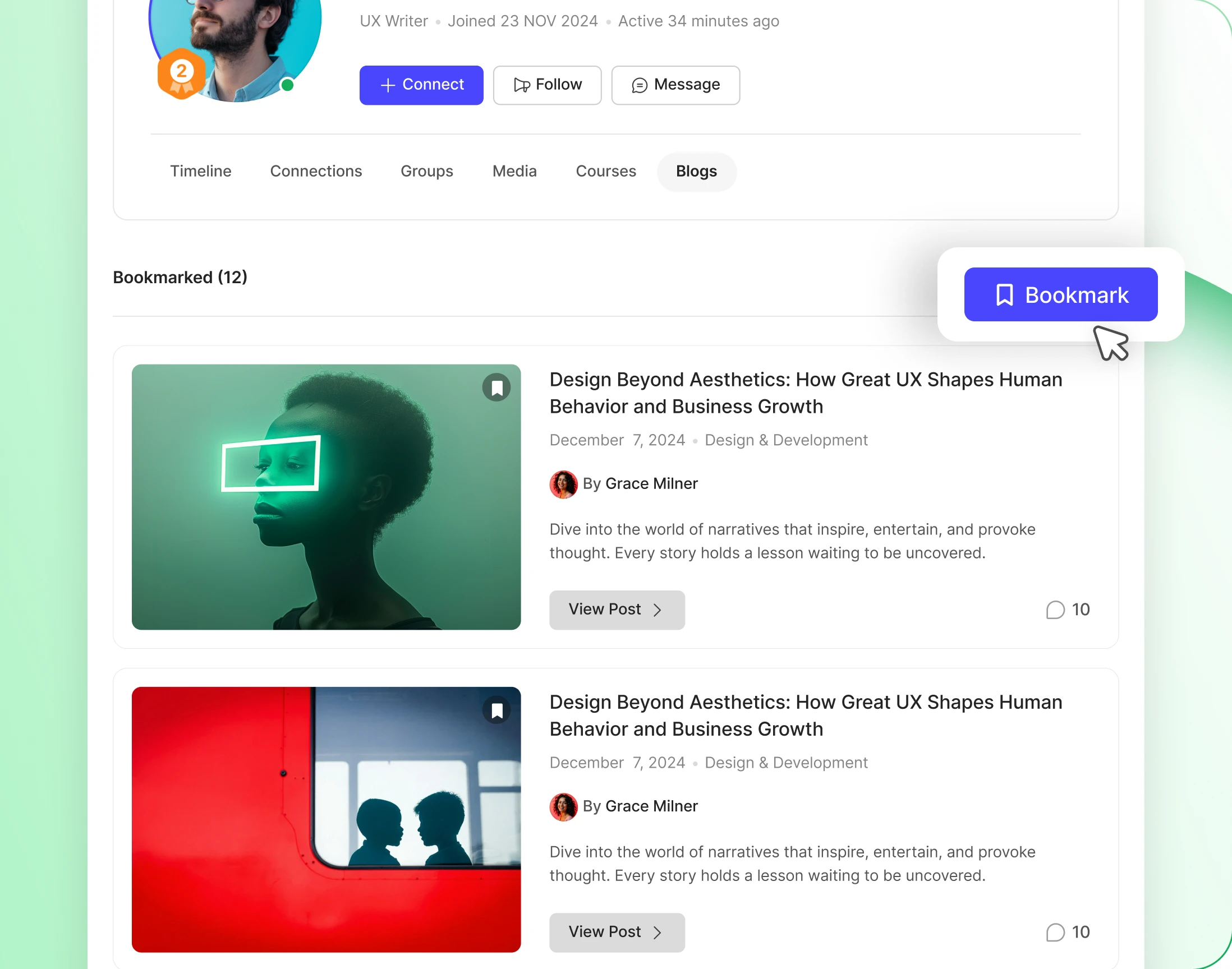 The Bookmarked tab on a profile holding saved posts